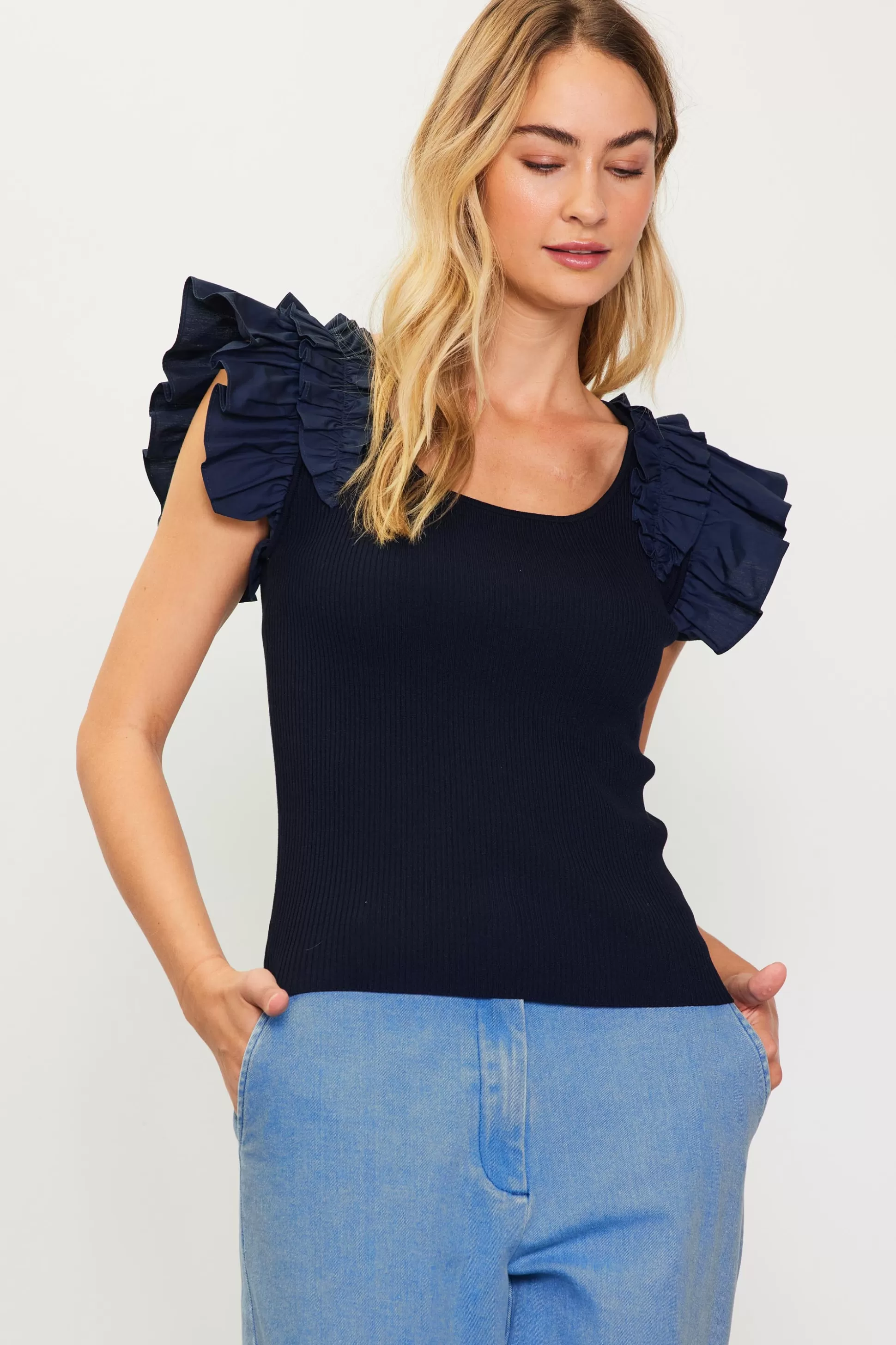 SKIES ARE BLUE Sleeveless Tops>Shirred Ruffle Sleeve Ribbed Sweater Navy