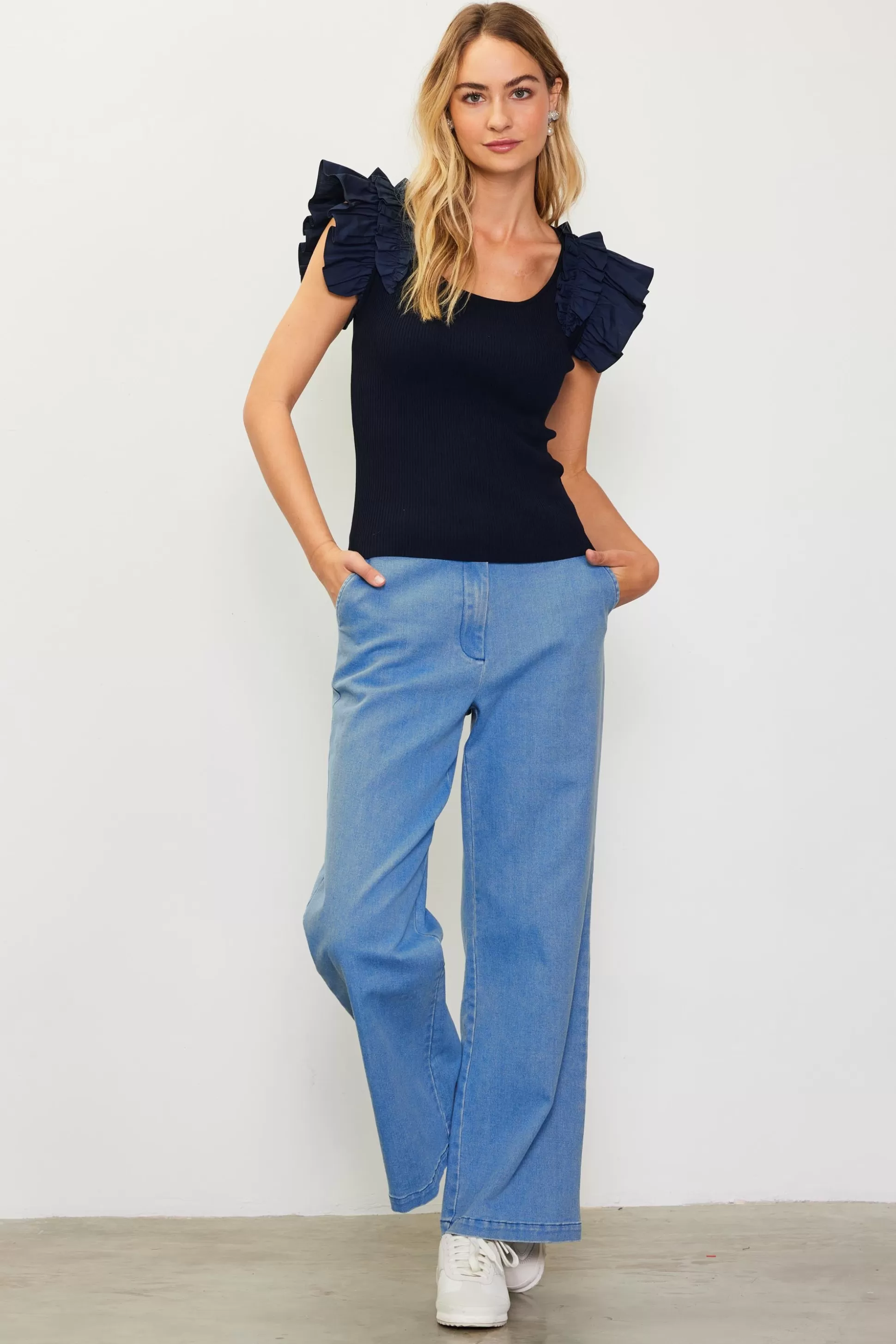 SKIES ARE BLUE Sleeveless Tops>Shirred Ruffle Sleeve Ribbed Sweater Navy