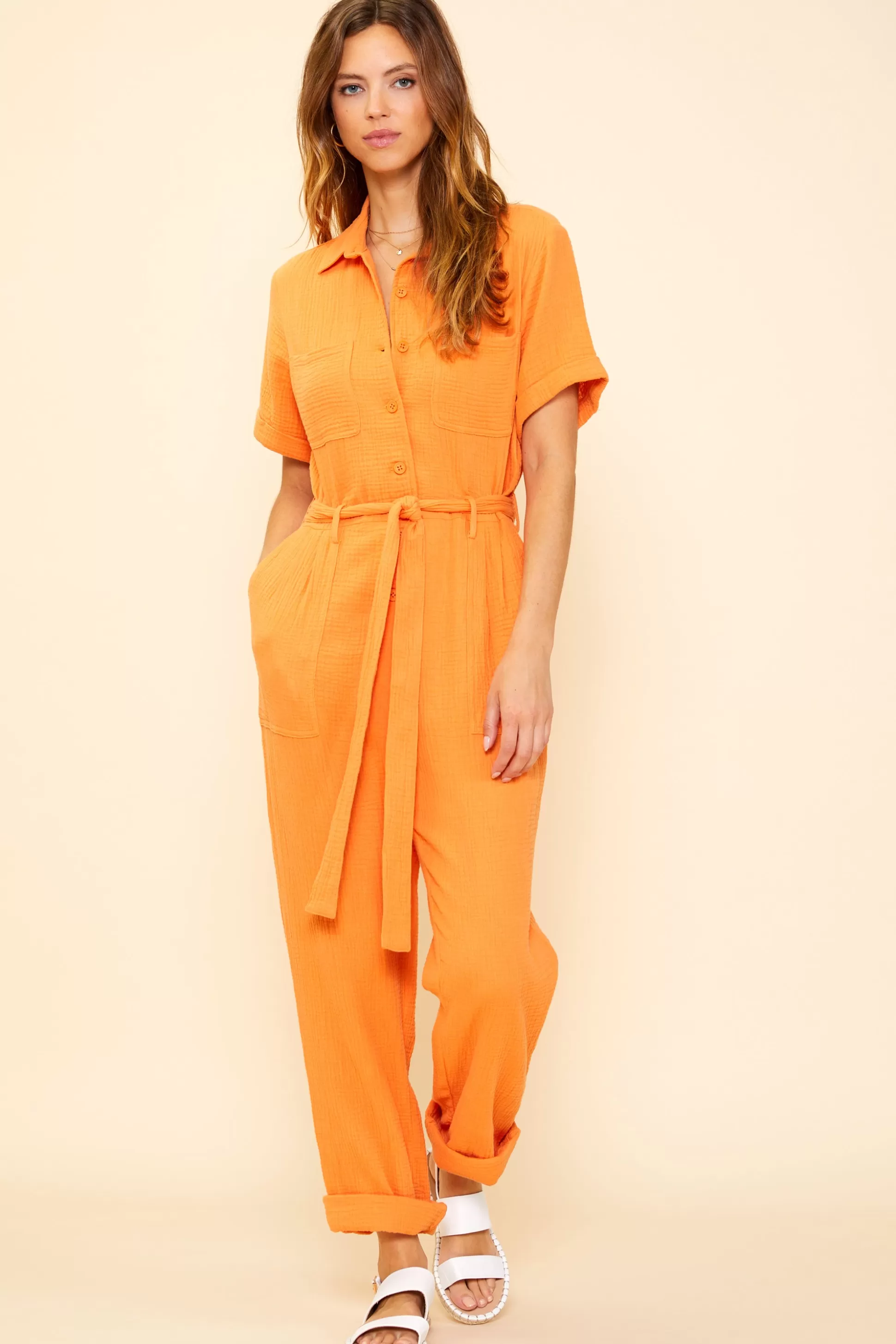 SKIES ARE BLUE Jumpsuits>Short Sleeve Gauze Jumpsuit Sunkissedorange