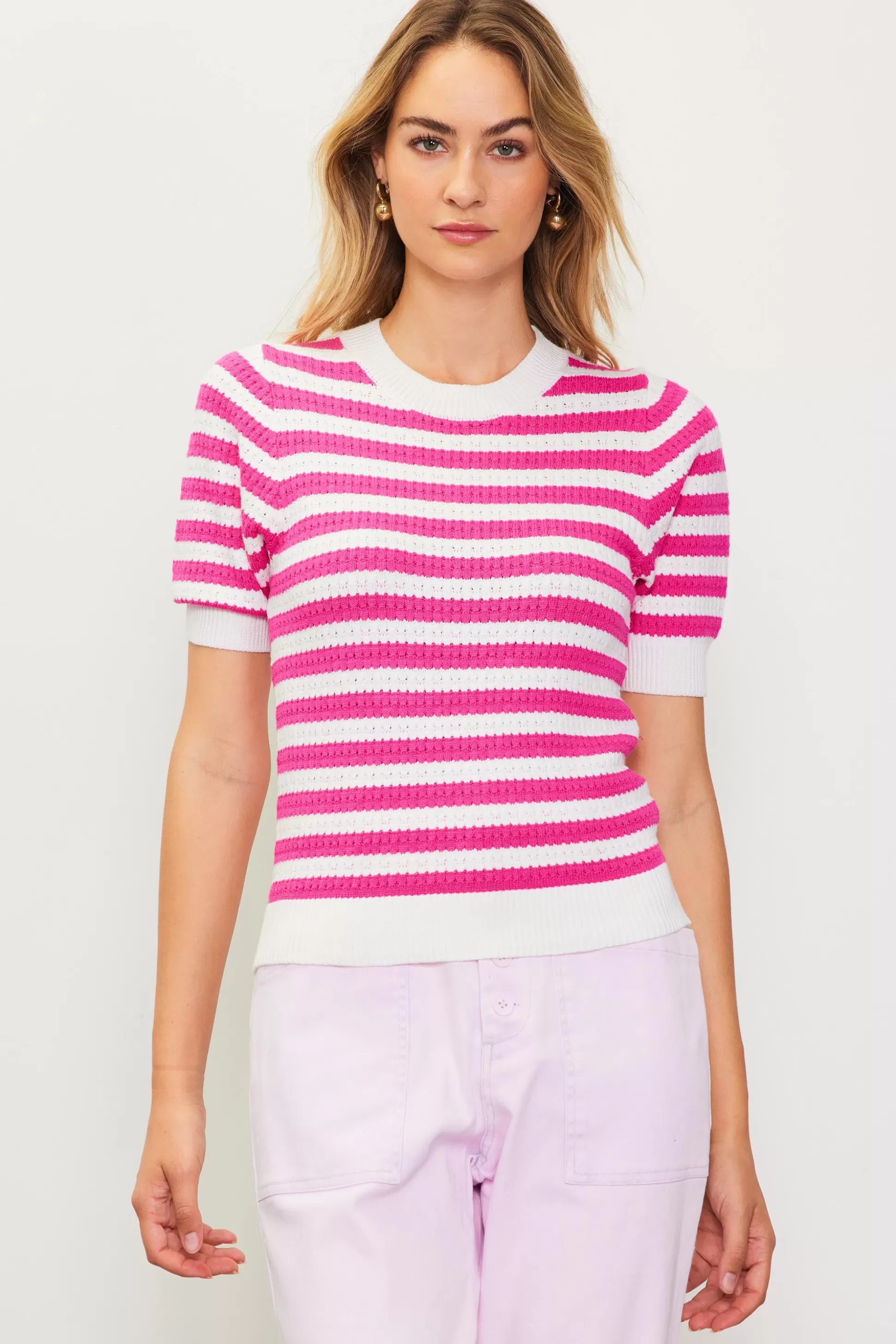 SKIES ARE BLUE Short Sleeve Tops | Sweaters>Short Sleeve Knit Stripe Sweater White-pink