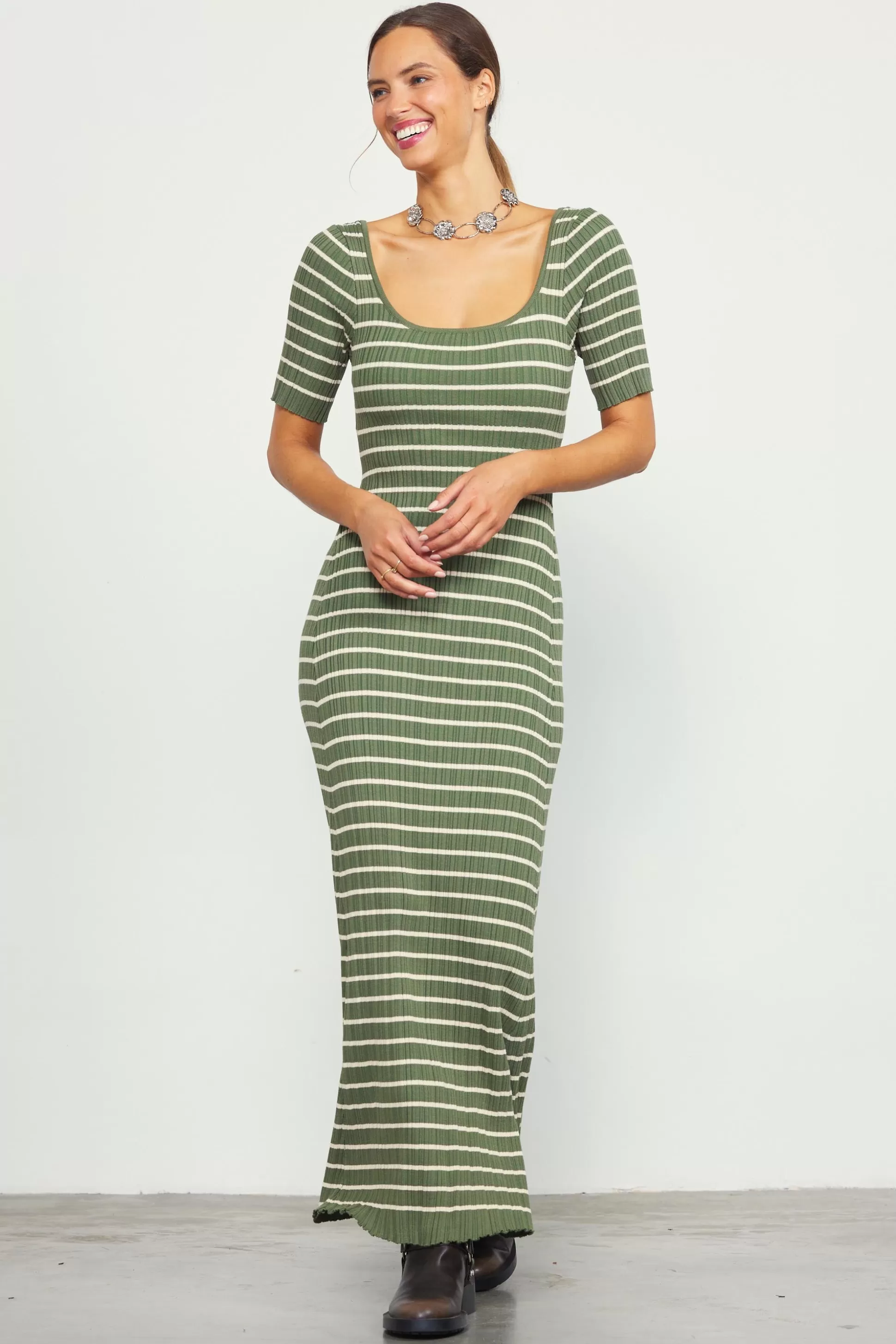 SKIES ARE BLUE Maxi Dresses>Short Sleeve Striped Knit Maxi Dress Olive-cream