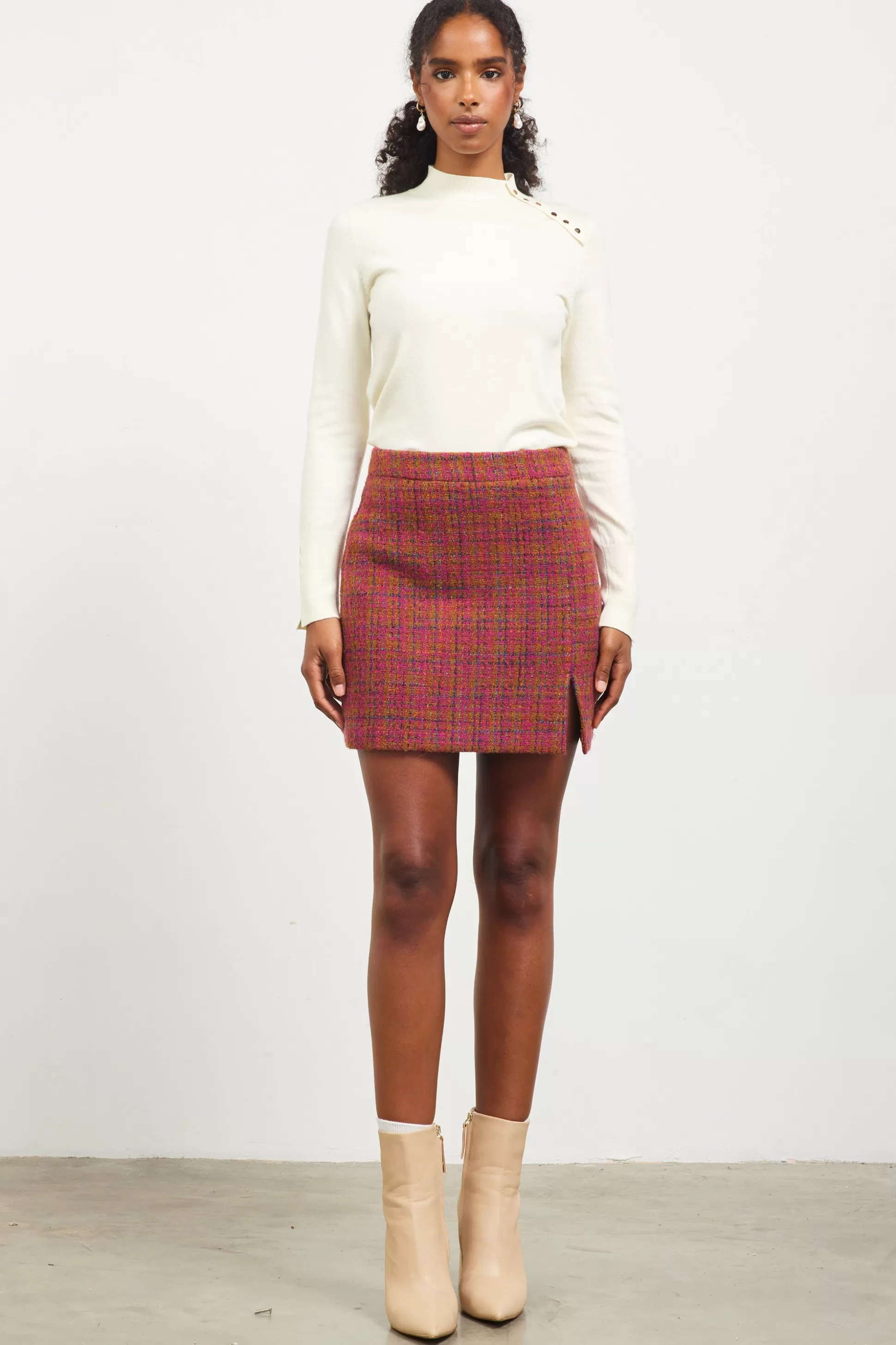 SKIES ARE BLUE Skirts>Sienna Tweed Mini Skirt Plum-camel