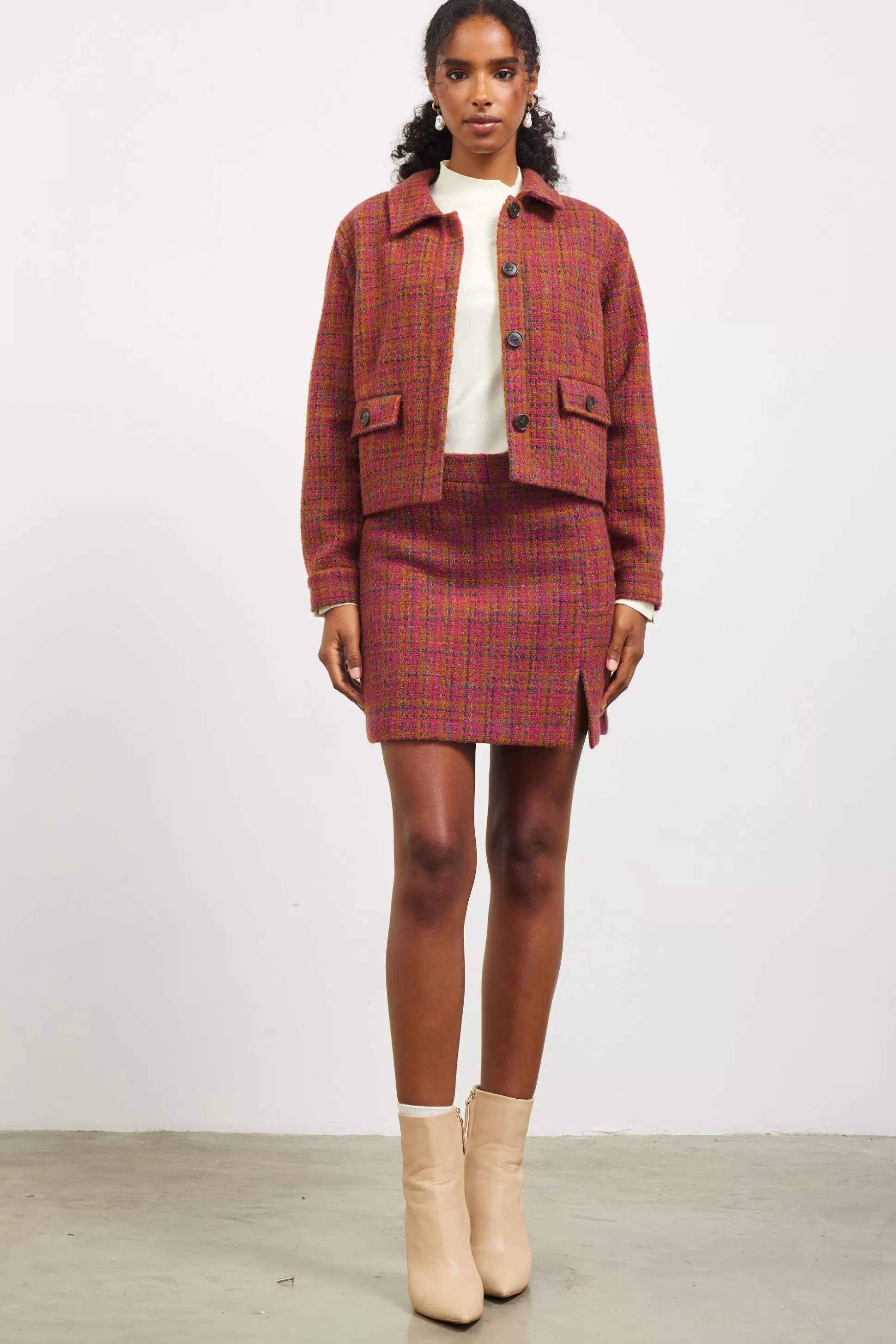 SKIES ARE BLUE Skirts>Sienna Tweed Mini Skirt Plum-camel