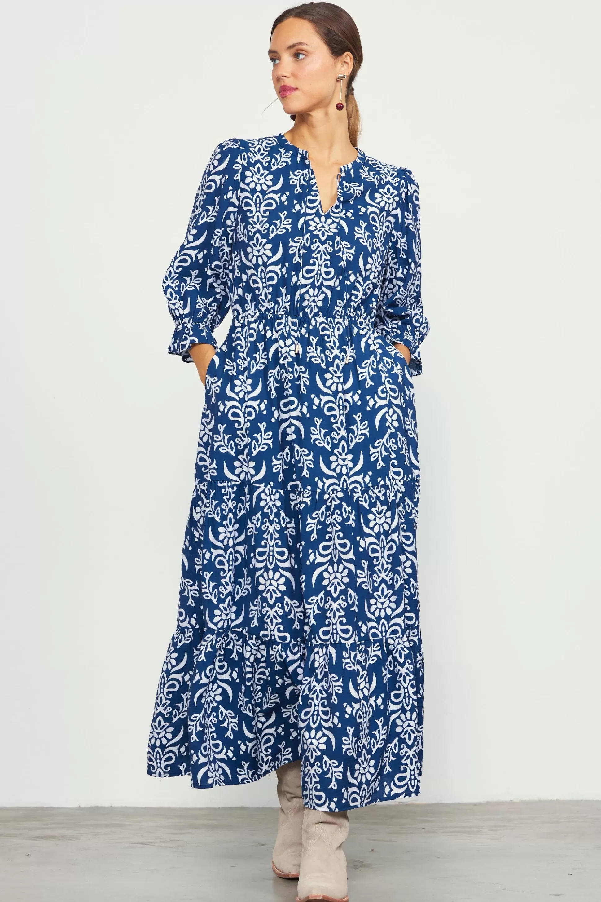 SKIES ARE BLUE Maxi Dresses>Skye Split Neck Ruffle Maxi Dress Navy