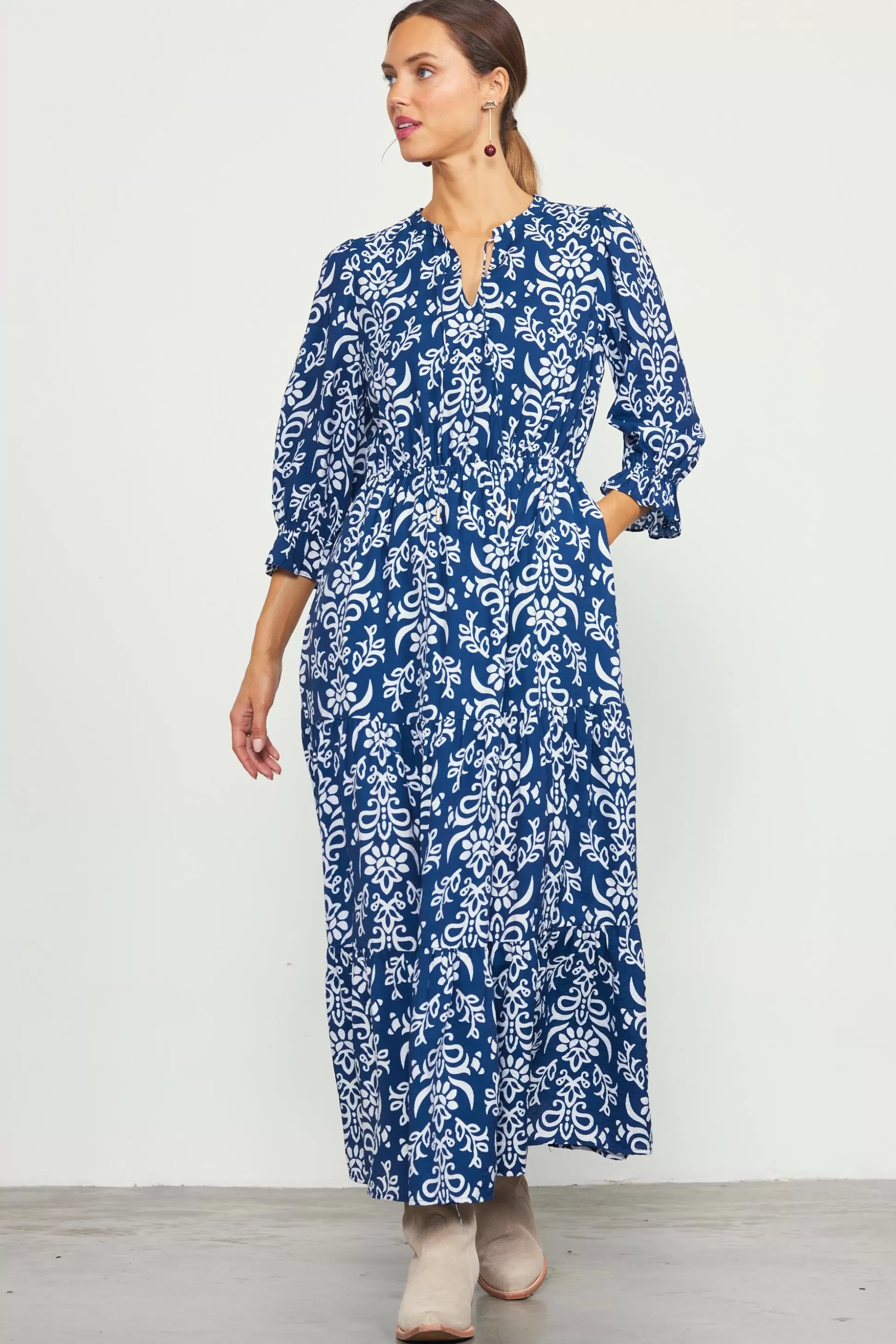 SKIES ARE BLUE Maxi Dresses>Skye Split Neck Ruffle Maxi Dress Navy