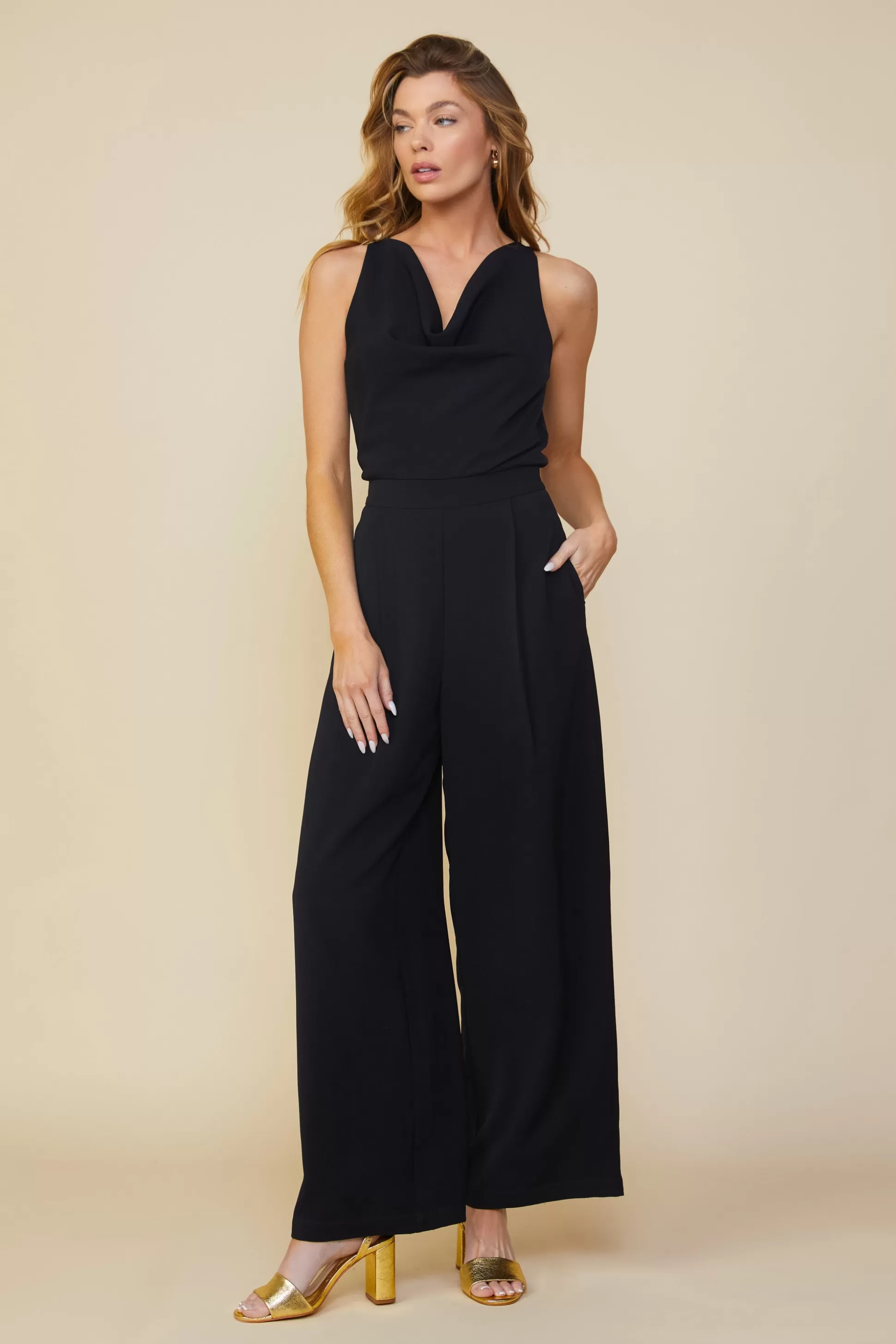 SKIES ARE BLUE Jumpsuits>Sleeveless Cowl Neck Jumpsuit Black