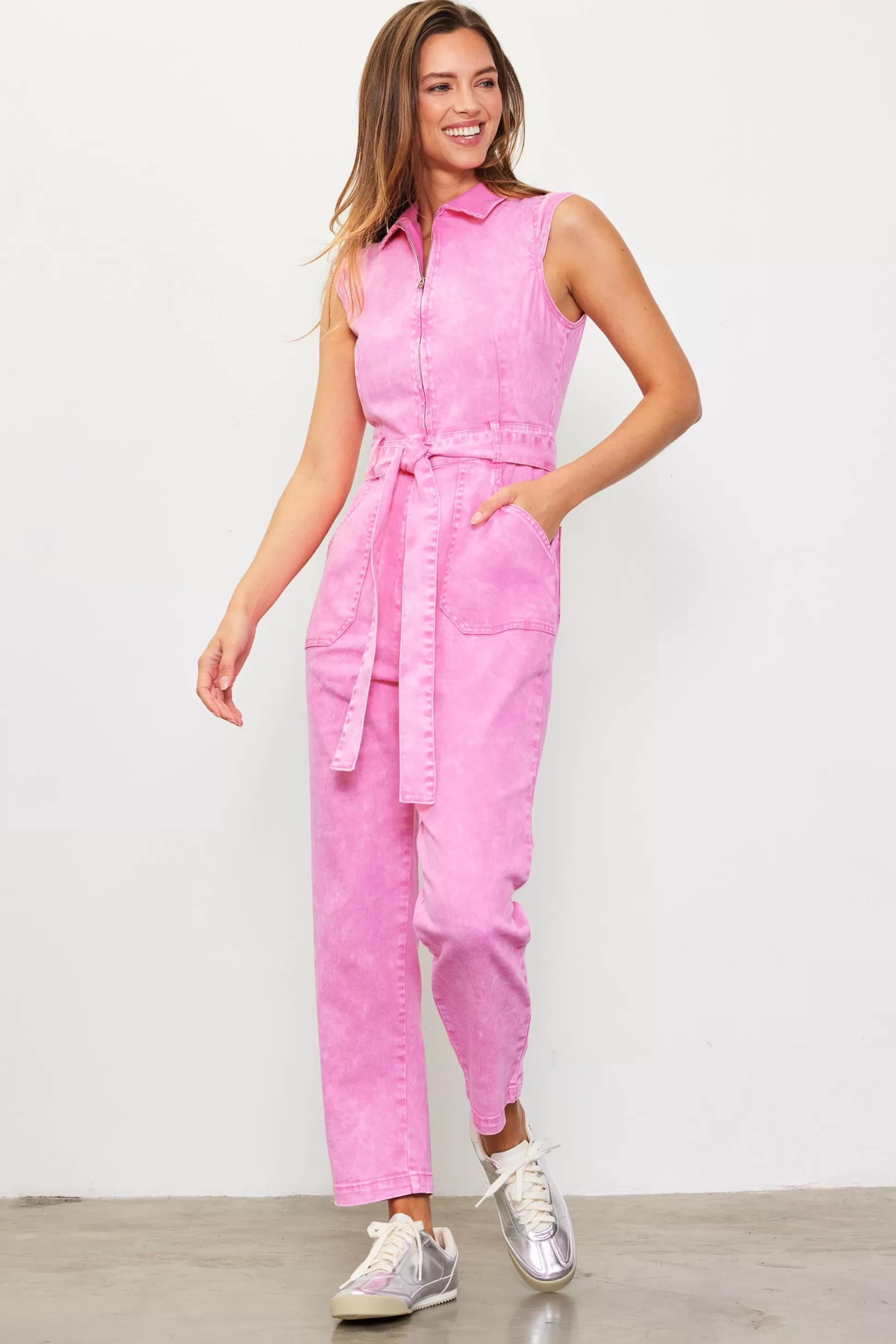 SKIES ARE BLUE Jumpsuits>Sleeveless Washed Denim Jumpsuit Pink