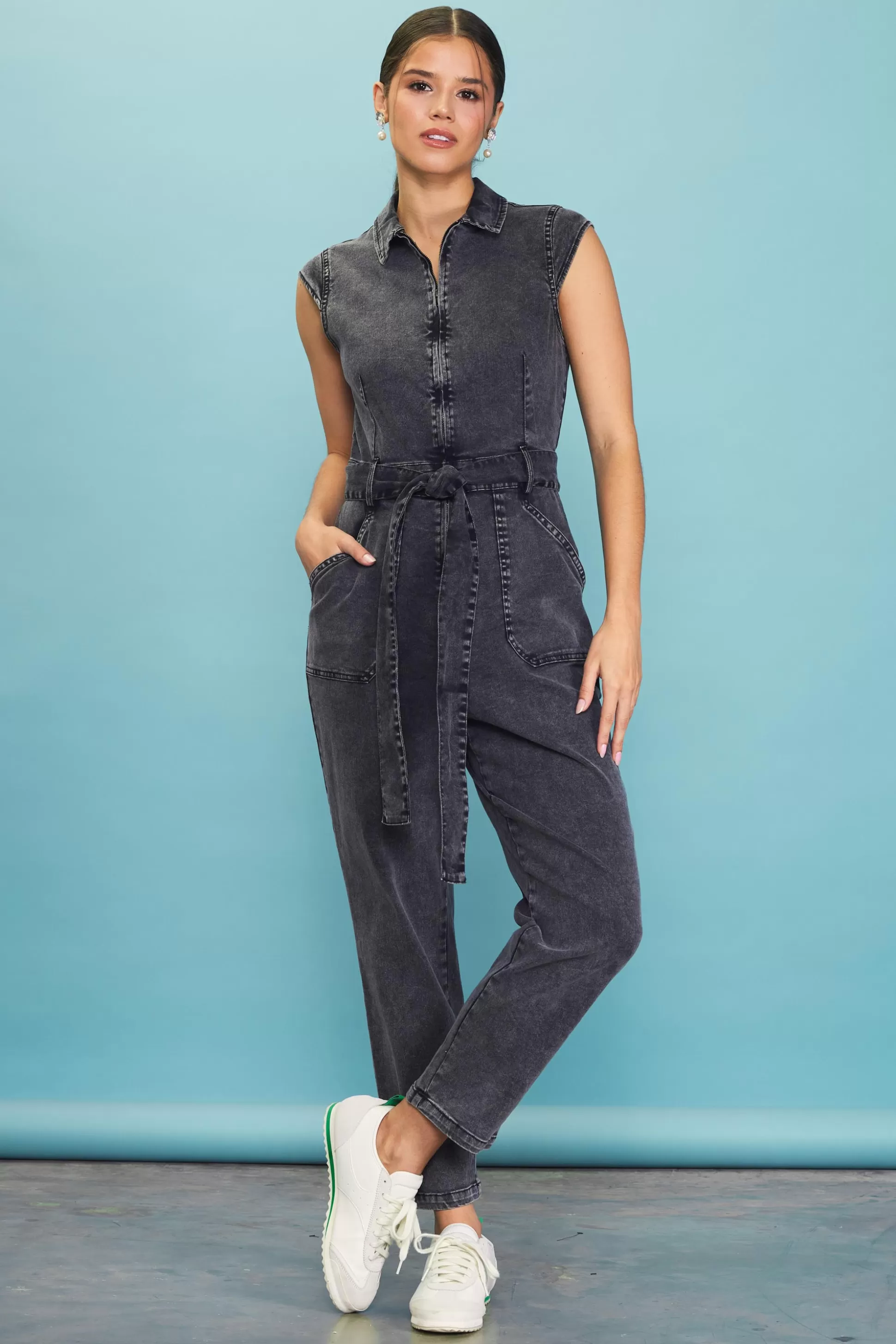 SKIES ARE BLUE Jumpsuits>Sleeveless Washed Denim Jumpsuit Black