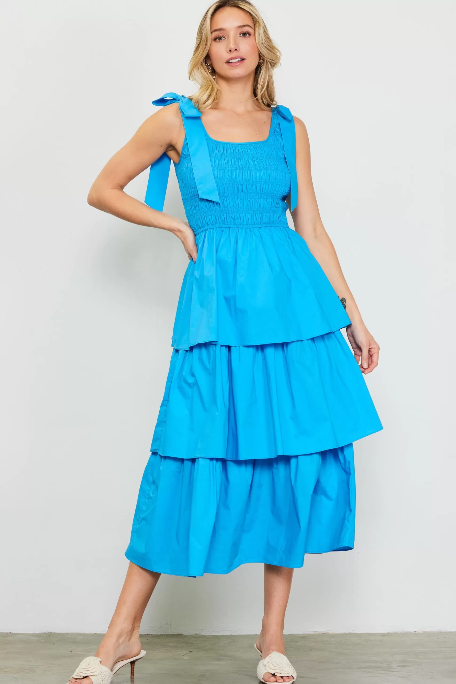 SKIES ARE BLUE Midi Dresses>Smocked Bodice Ribbon Detail Tiered Midi Dress Capriblue