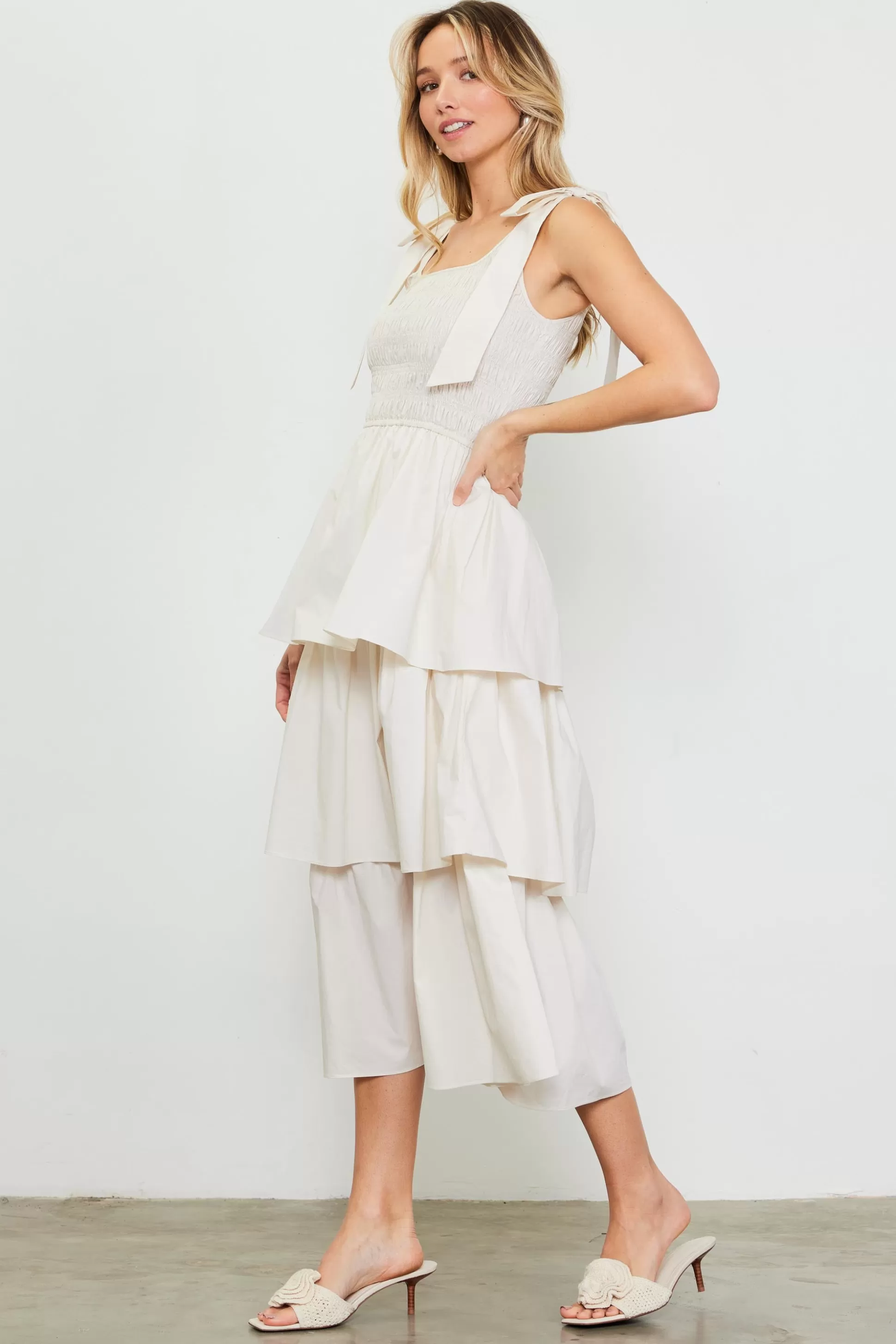 SKIES ARE BLUE Midi Dresses>Smocked Bodice Ribbon Detail Tiered Midi Dress Offwhite