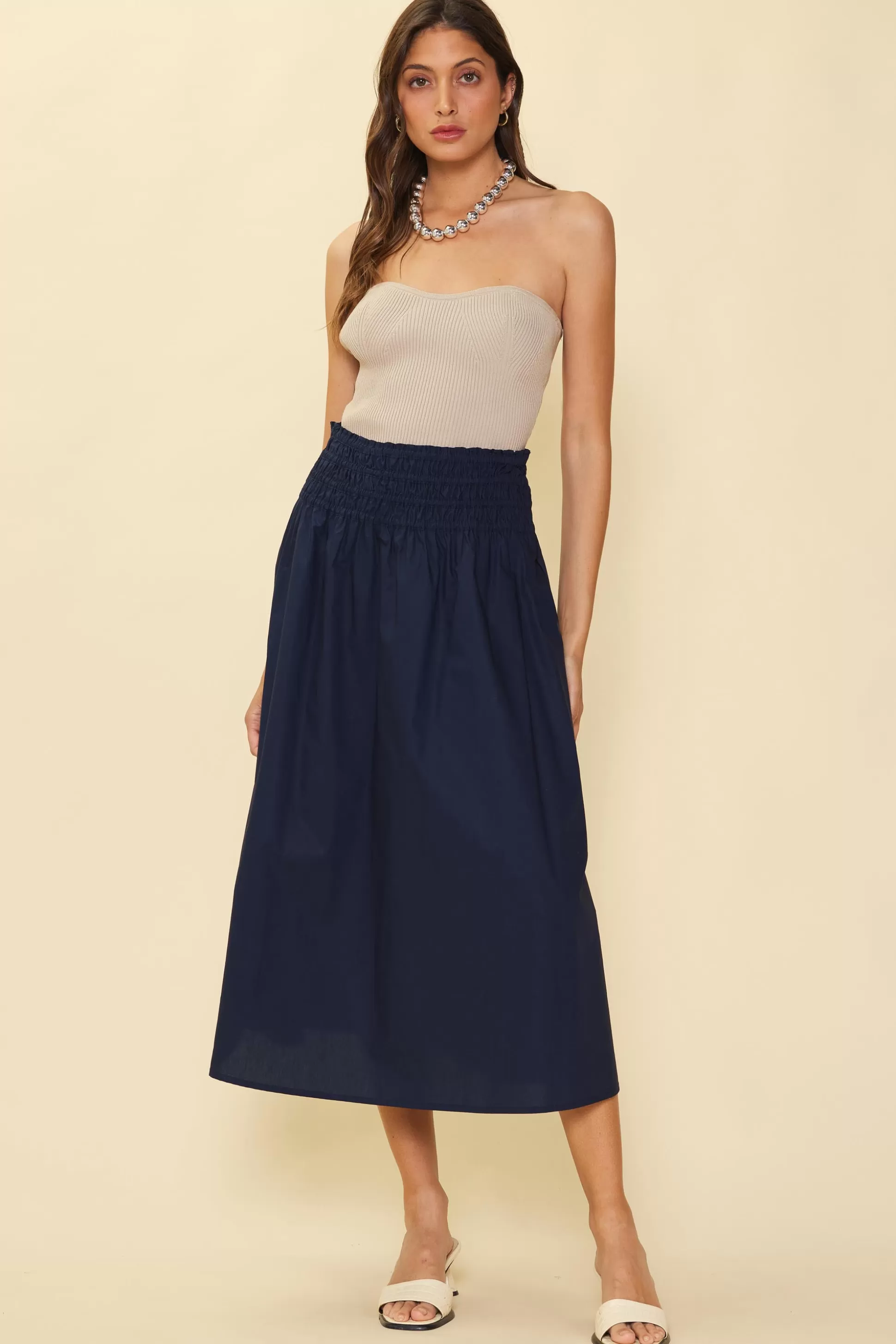 SKIES ARE BLUE Skirts>Smocked Waist Flared Skirt Navy