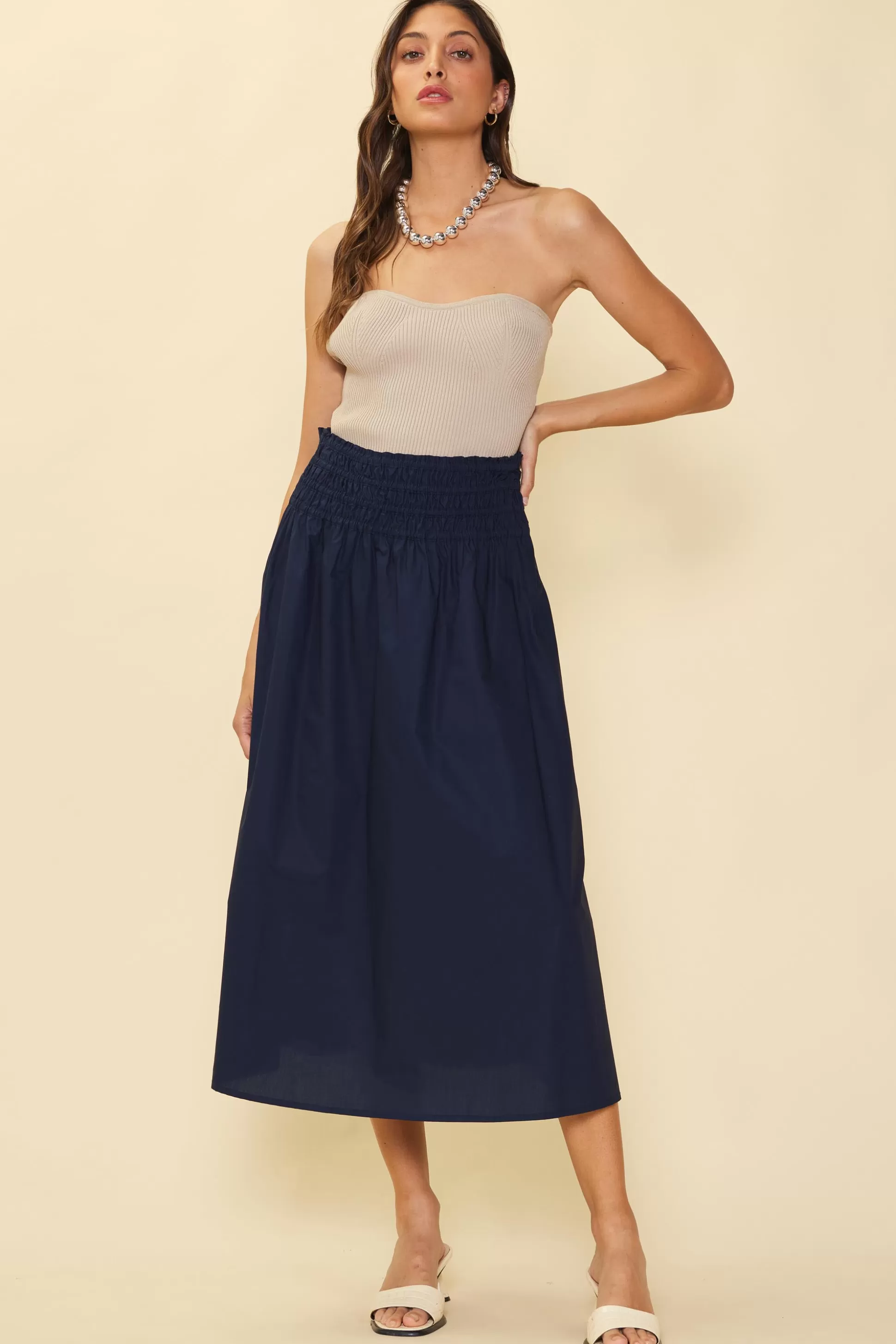 SKIES ARE BLUE Skirts>Smocked Waist Flared Skirt Navy