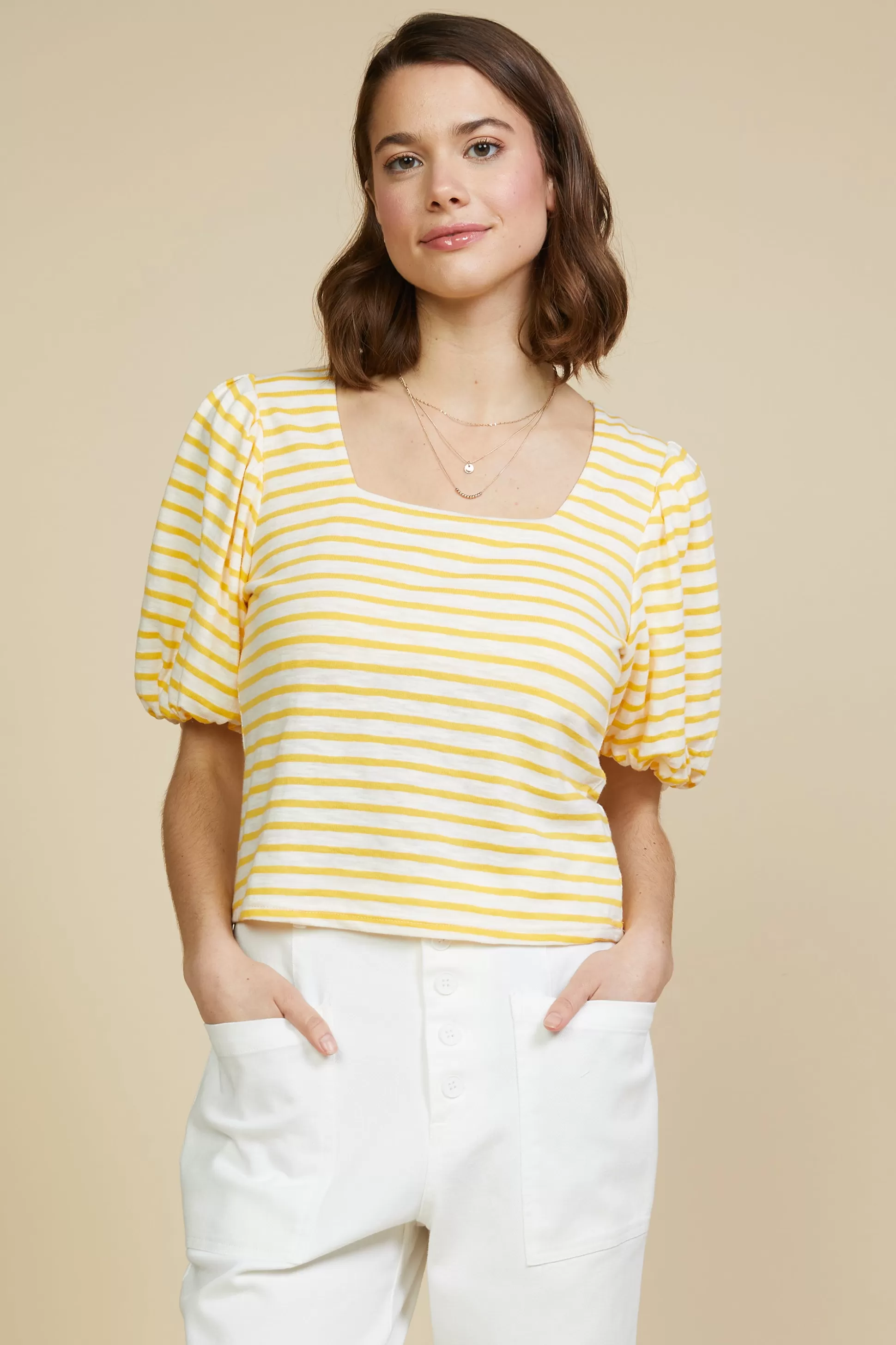 SKIES ARE BLUE Short Sleeve Tops>Square Neck Striped Top Mangosorbet