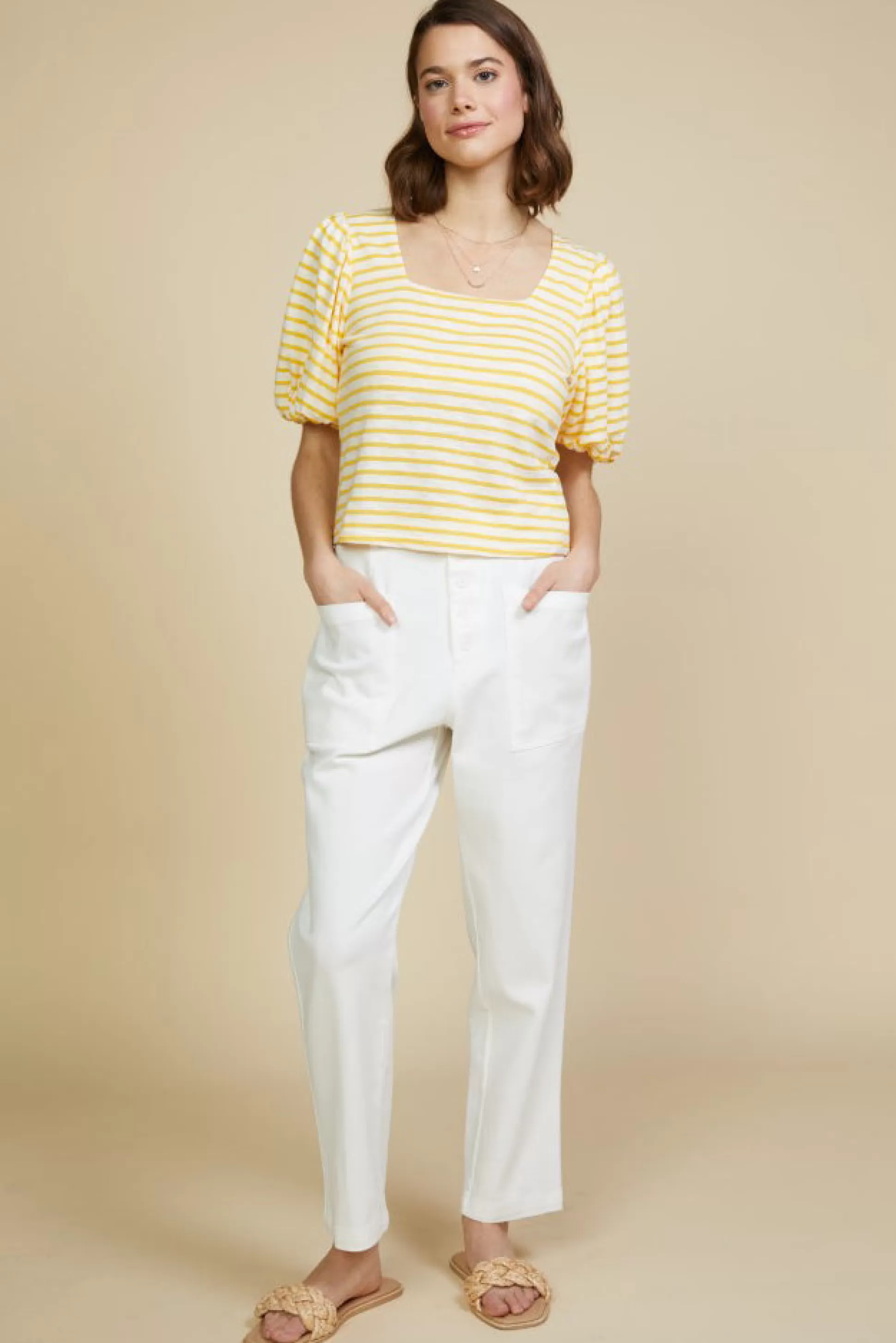 SKIES ARE BLUE Short Sleeve Tops>Square Neck Striped Top Mangosorbet