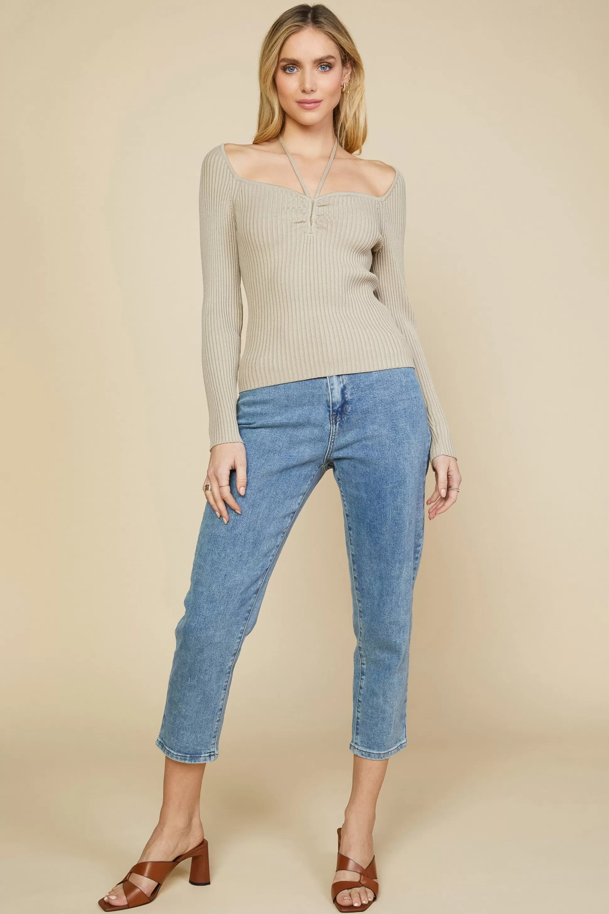 SKIES ARE BLUE Sweaters>Strappy Halter Ribbed Sweater Desertsand