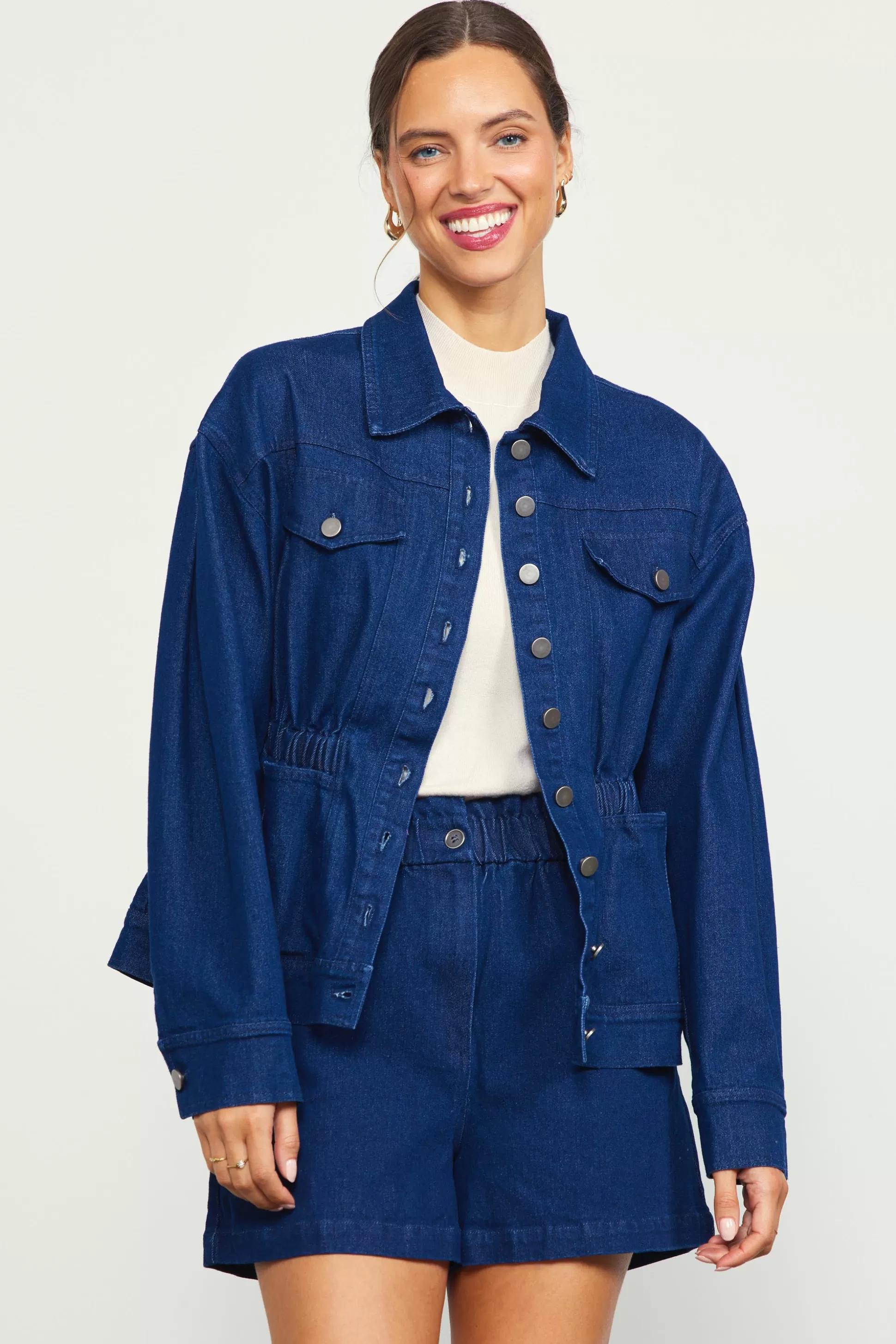 SKIES ARE BLUE Outerwear>Stretch Denim Trucker Jacket Indigo