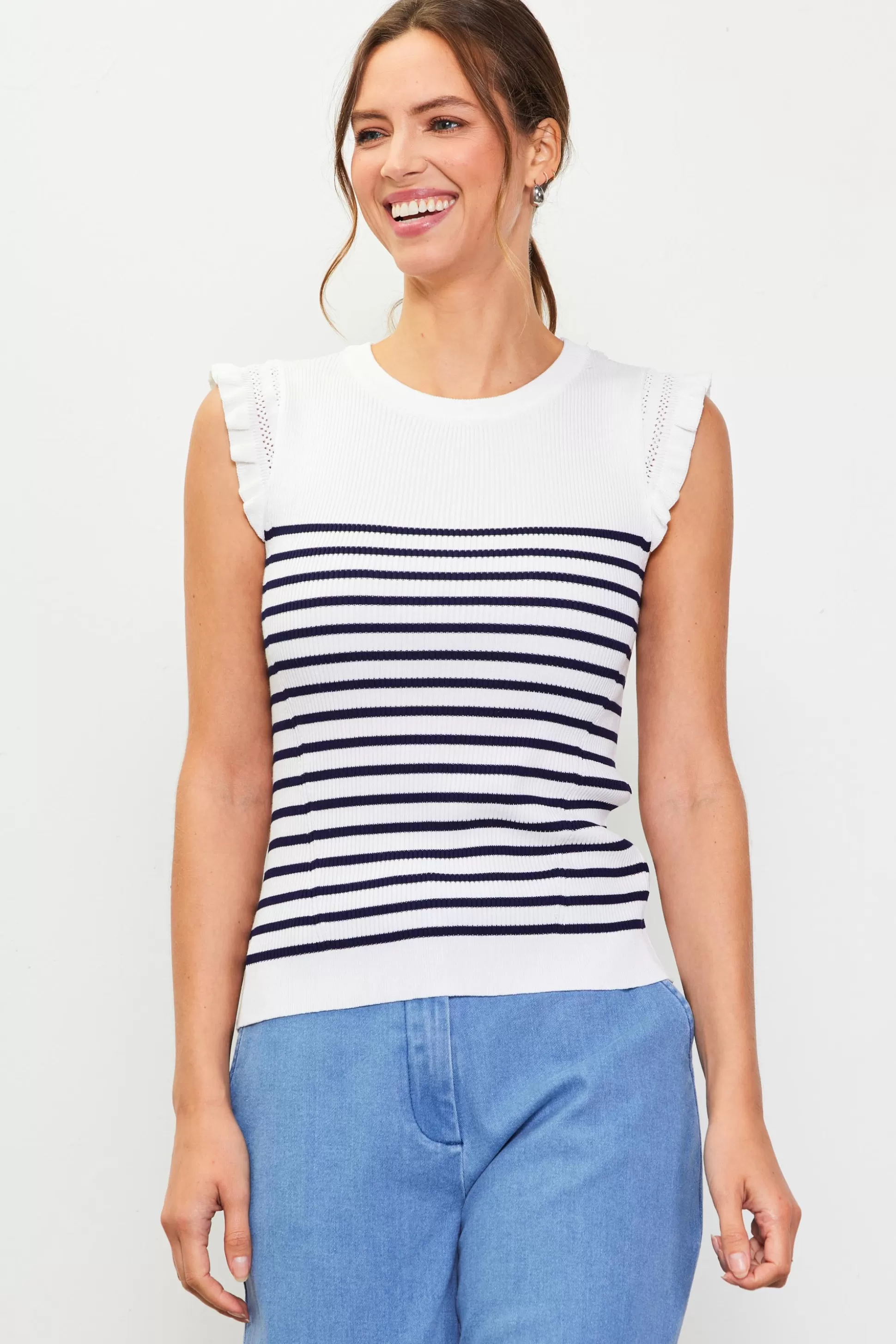 SKIES ARE BLUE Sleeveless Tops>Stripe Ruffle Sleeve Knit Top White-navy