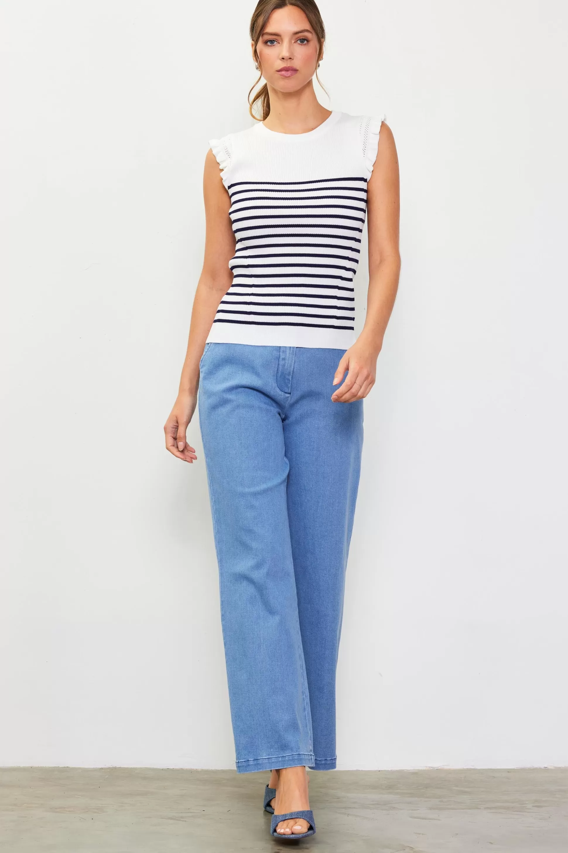 SKIES ARE BLUE Sleeveless Tops>Stripe Ruffle Sleeve Knit Top White-navy