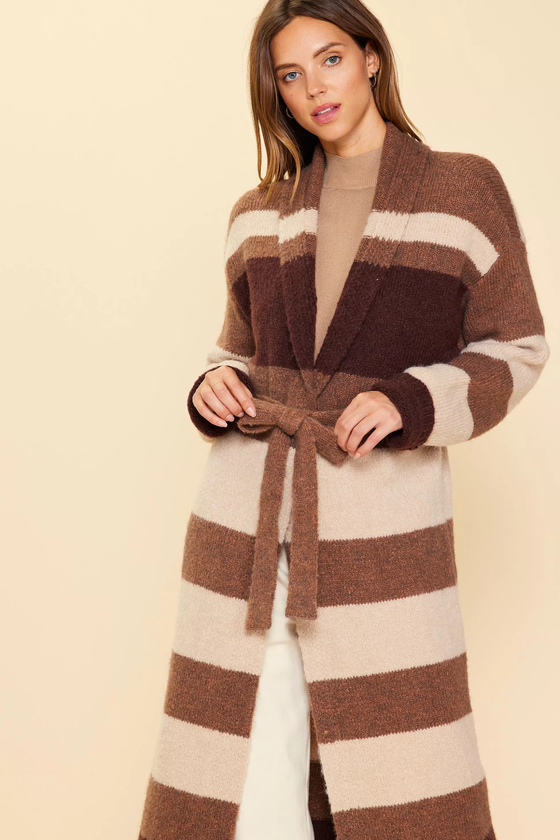 SKIES ARE BLUE Outerwear | Sweaters>Striped Cardigan With Tie Brown-ivory