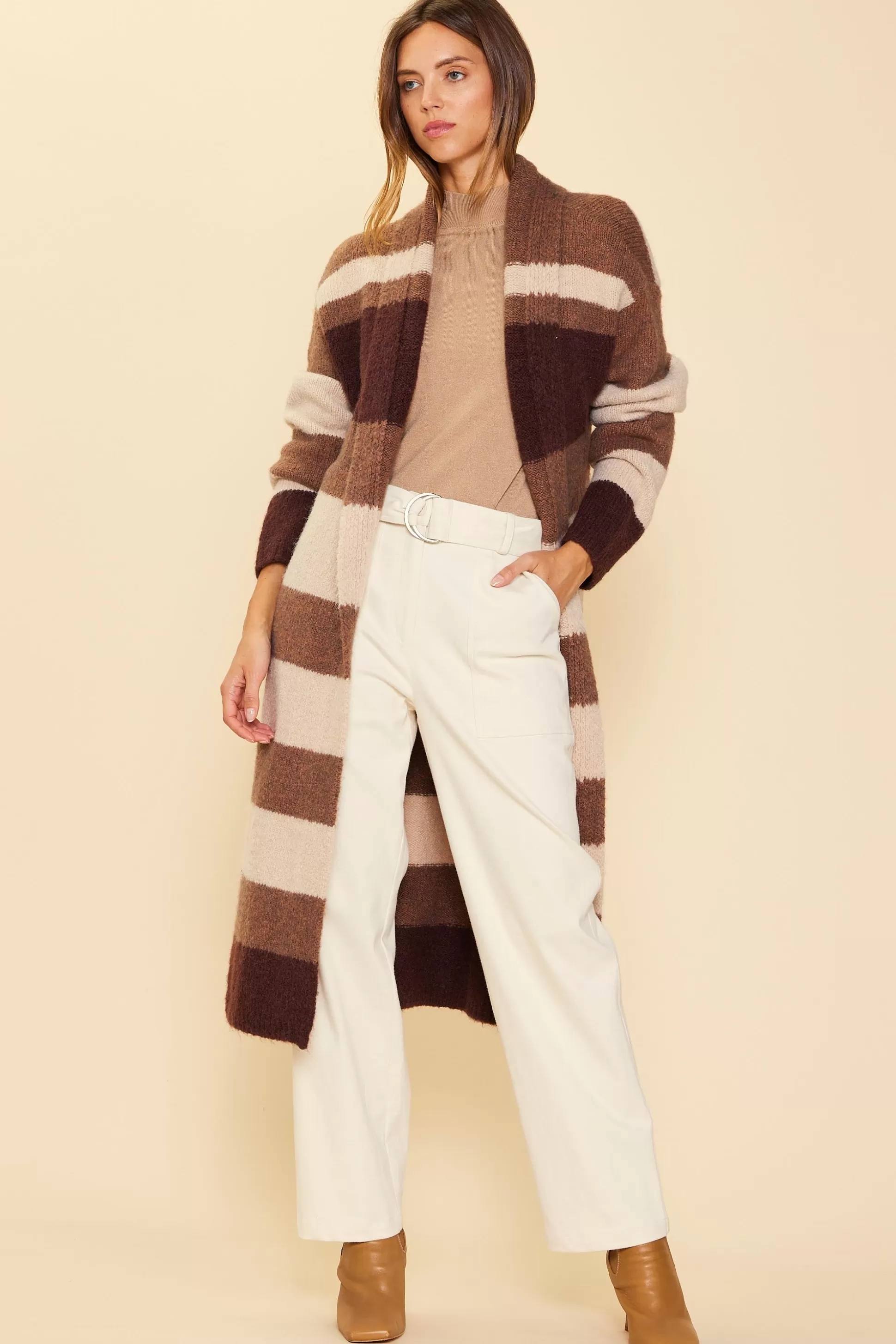 SKIES ARE BLUE Outerwear | Sweaters>Striped Cardigan With Tie Brown-ivory