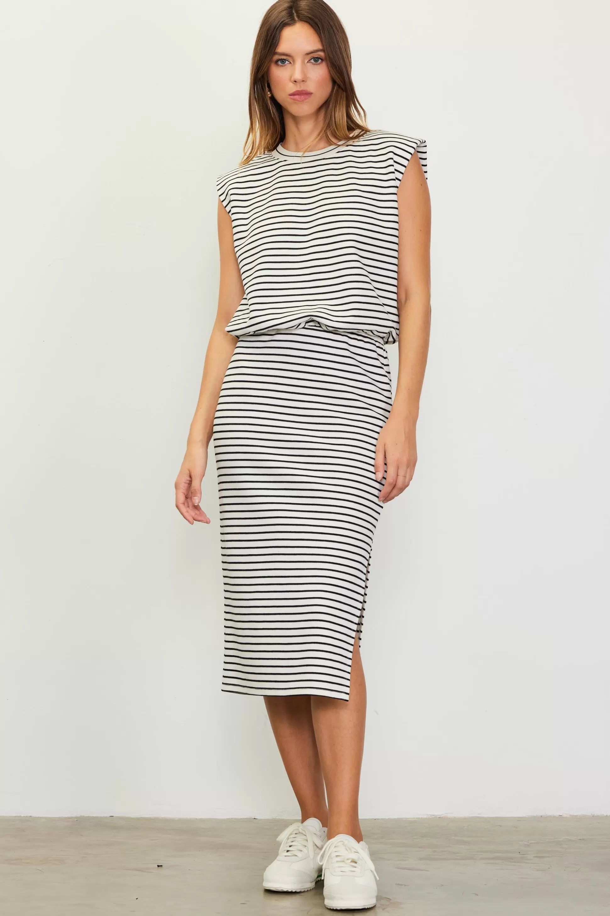 SKIES ARE BLUE Skirts>Striped Midi Skirt Ivory-black