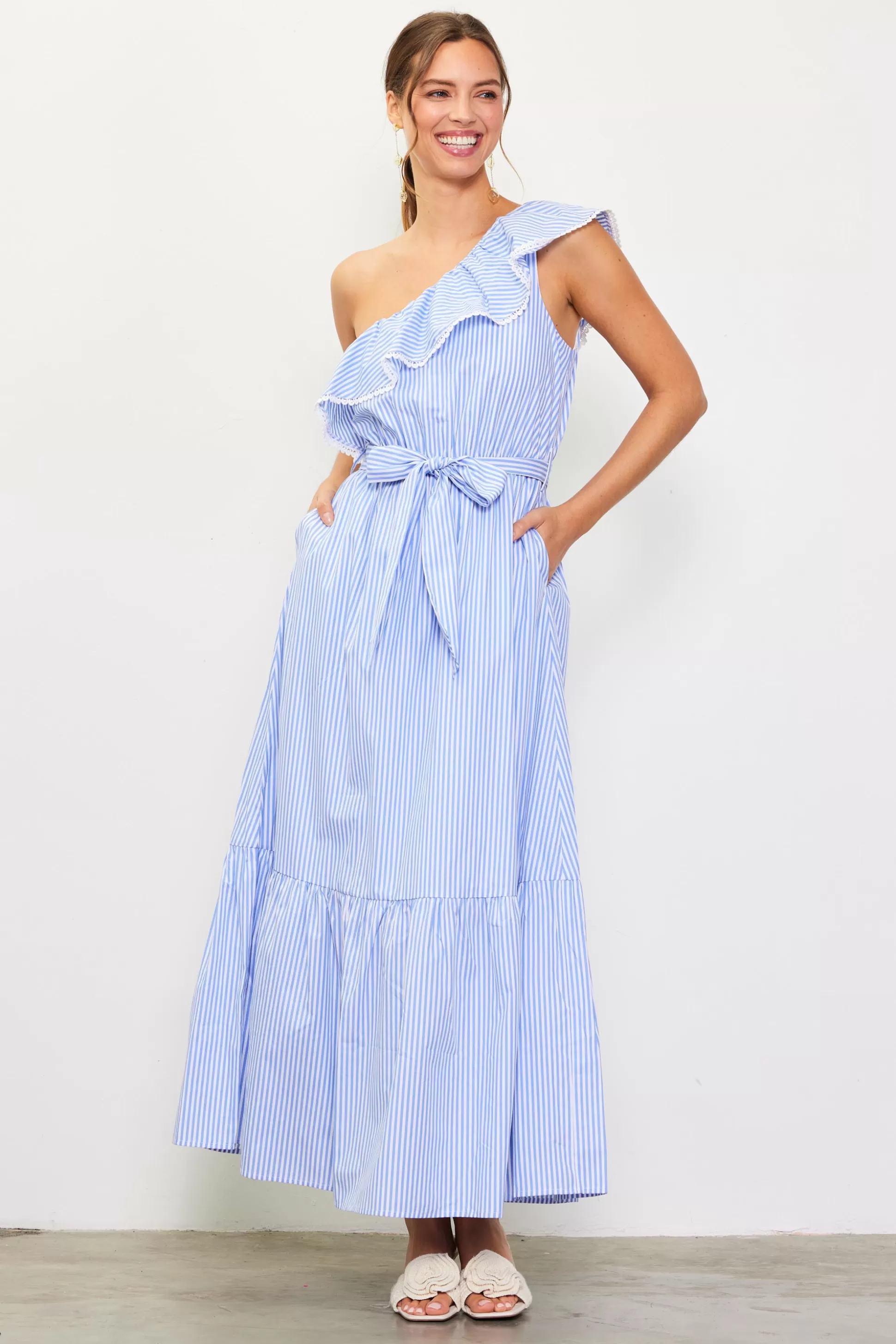 SKIES ARE BLUE Maxi Dresses>Striped One Shoulder Ruffle Dress Blue-white