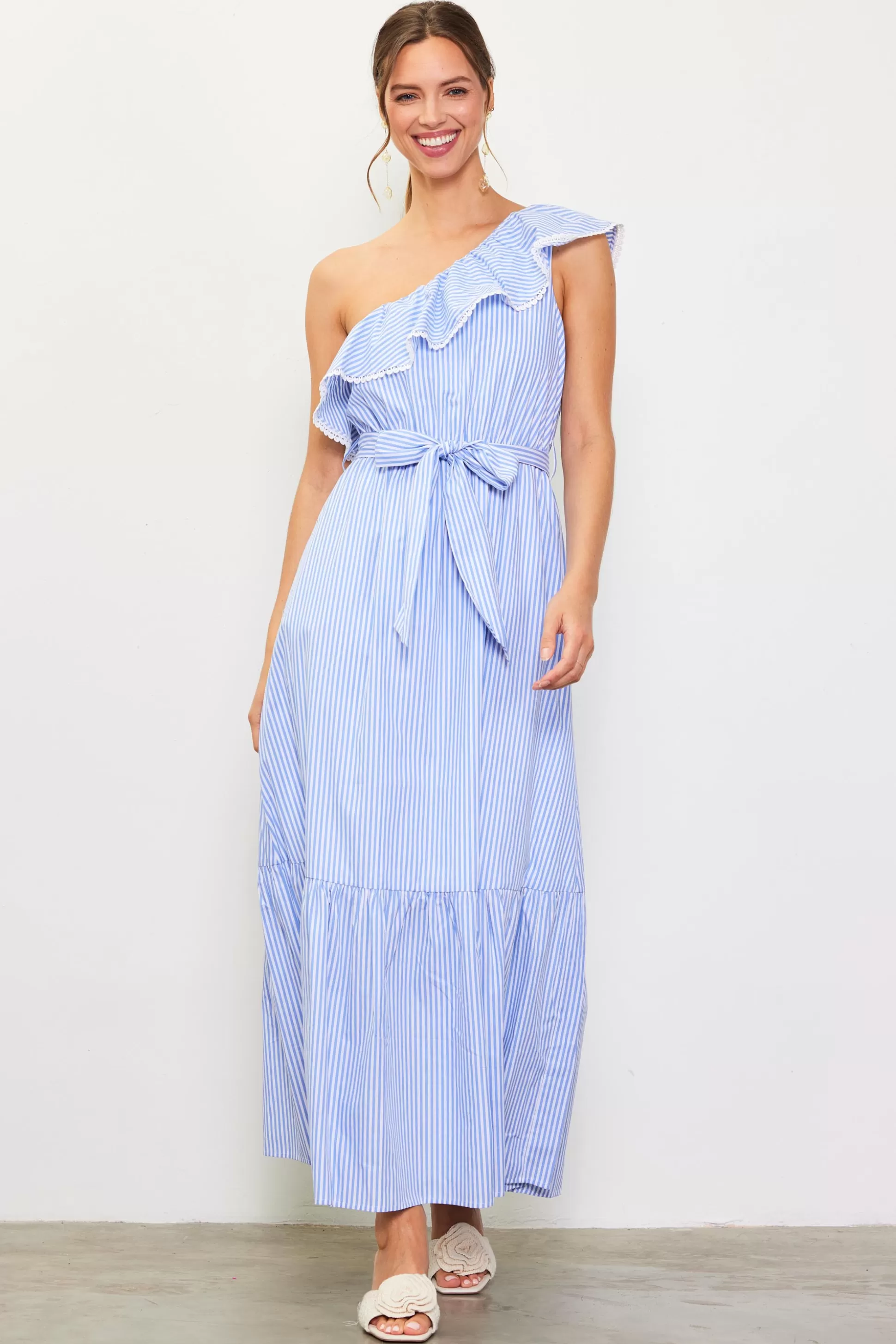 SKIES ARE BLUE Maxi Dresses>Striped One Shoulder Ruffle Dress Blue-white