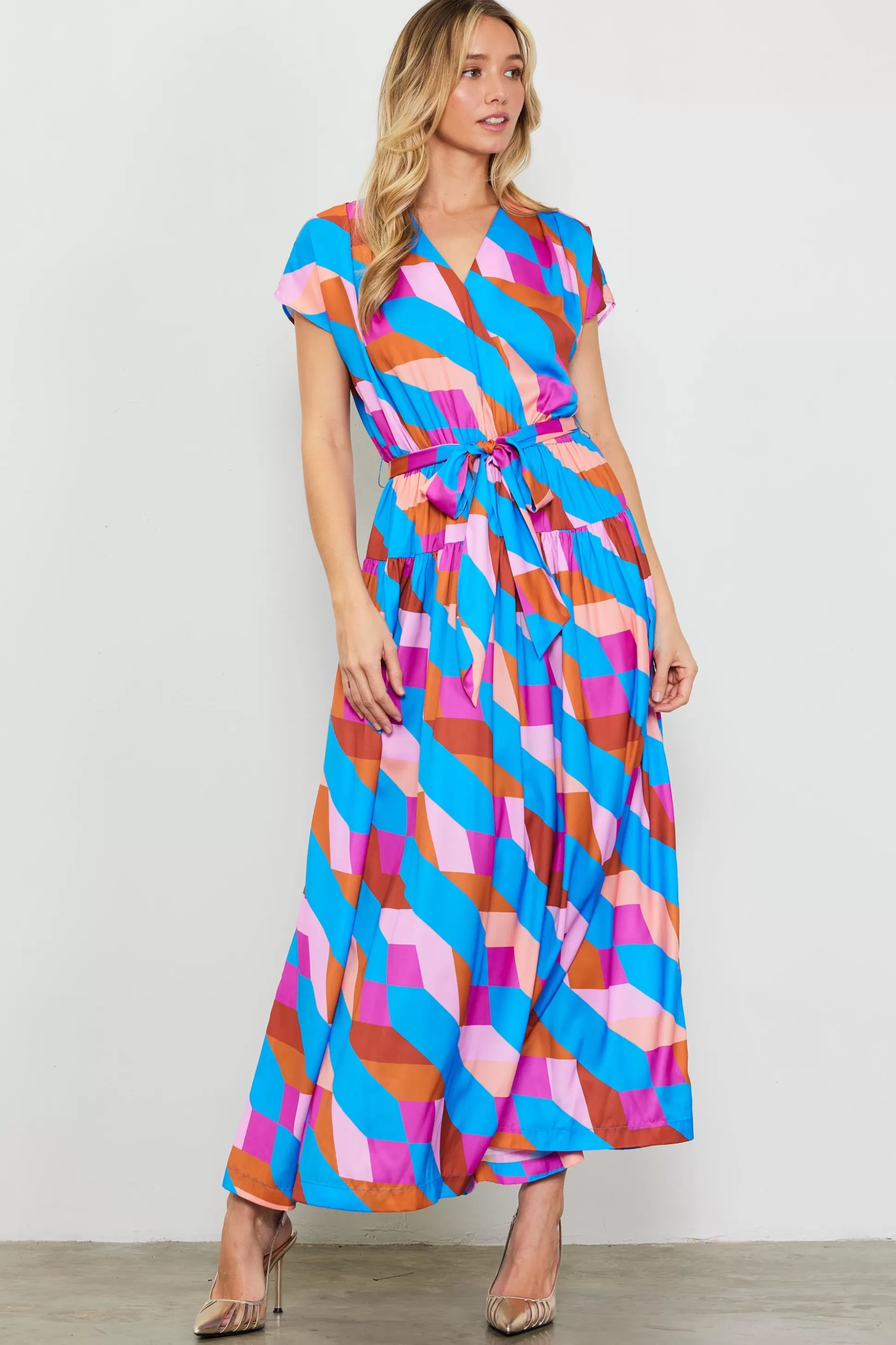 SKIES ARE BLUE Maxi Dresses>Surplice Bodice Geometric Print Maxi Dress Blue-mulberry