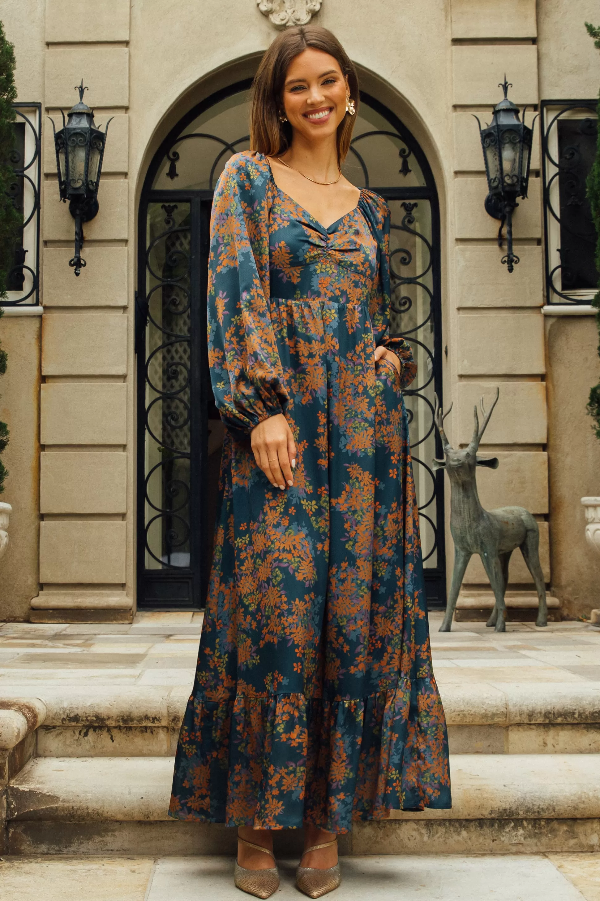 SKIES ARE BLUE Maxi Dresses>Sweetheart Neckline Longsleeve Maxi Dress Teal-mustard