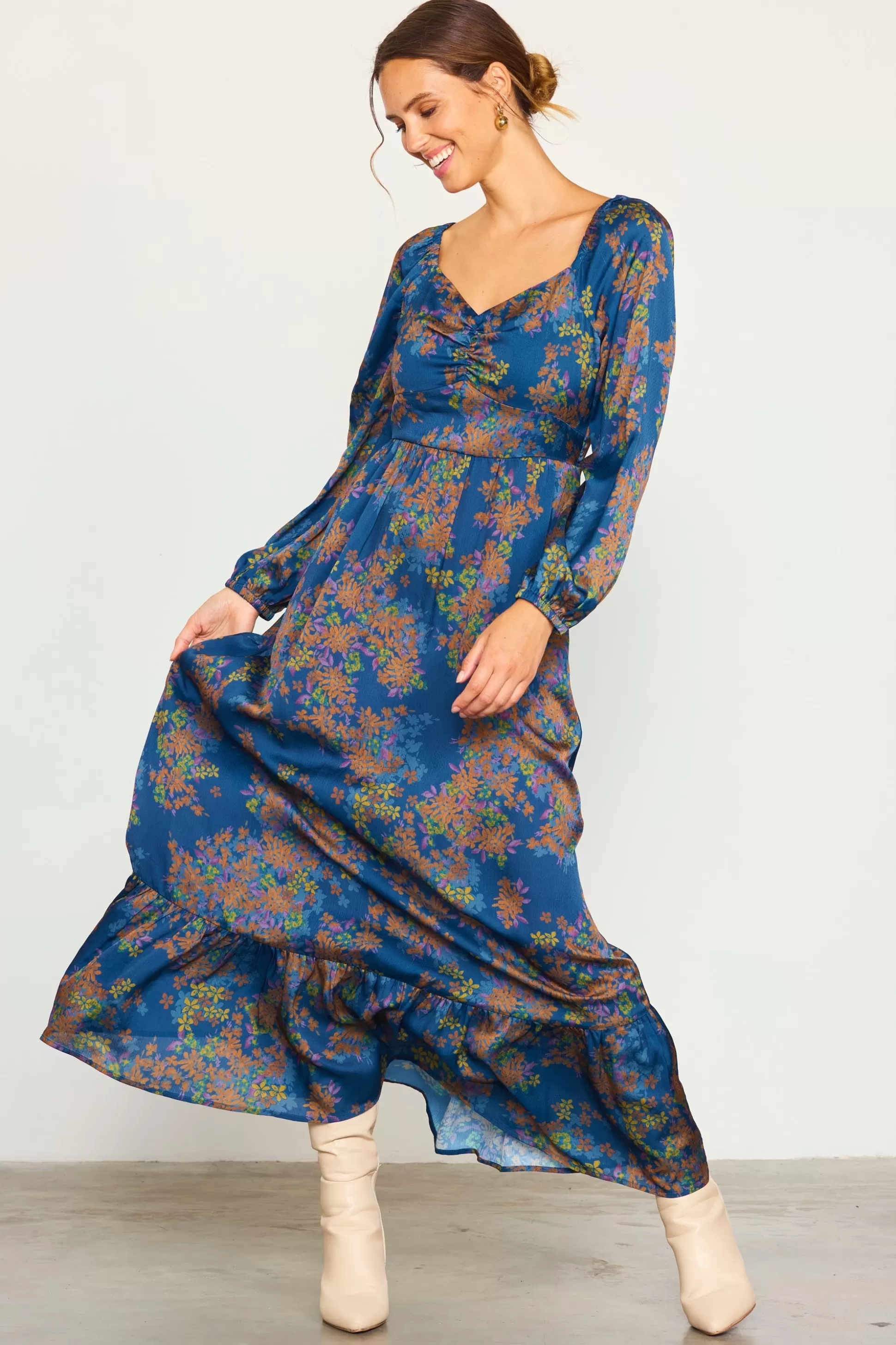 SKIES ARE BLUE Maxi Dresses>Sweetheart Neckline Longsleeve Maxi Dress Teal-mustard