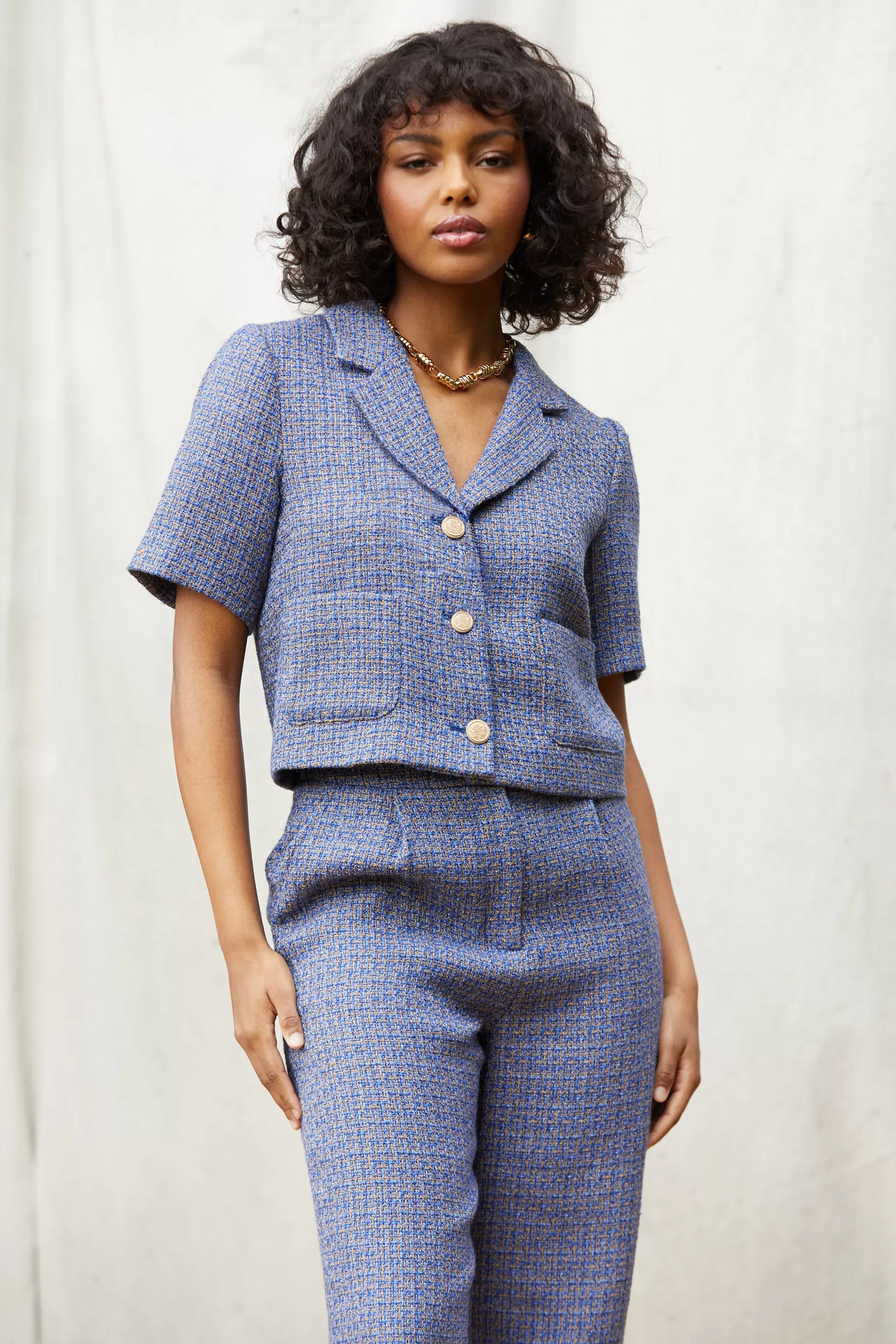 SKIES ARE BLUE Blazers>Tailored Tweed Cropped Blazer Blue