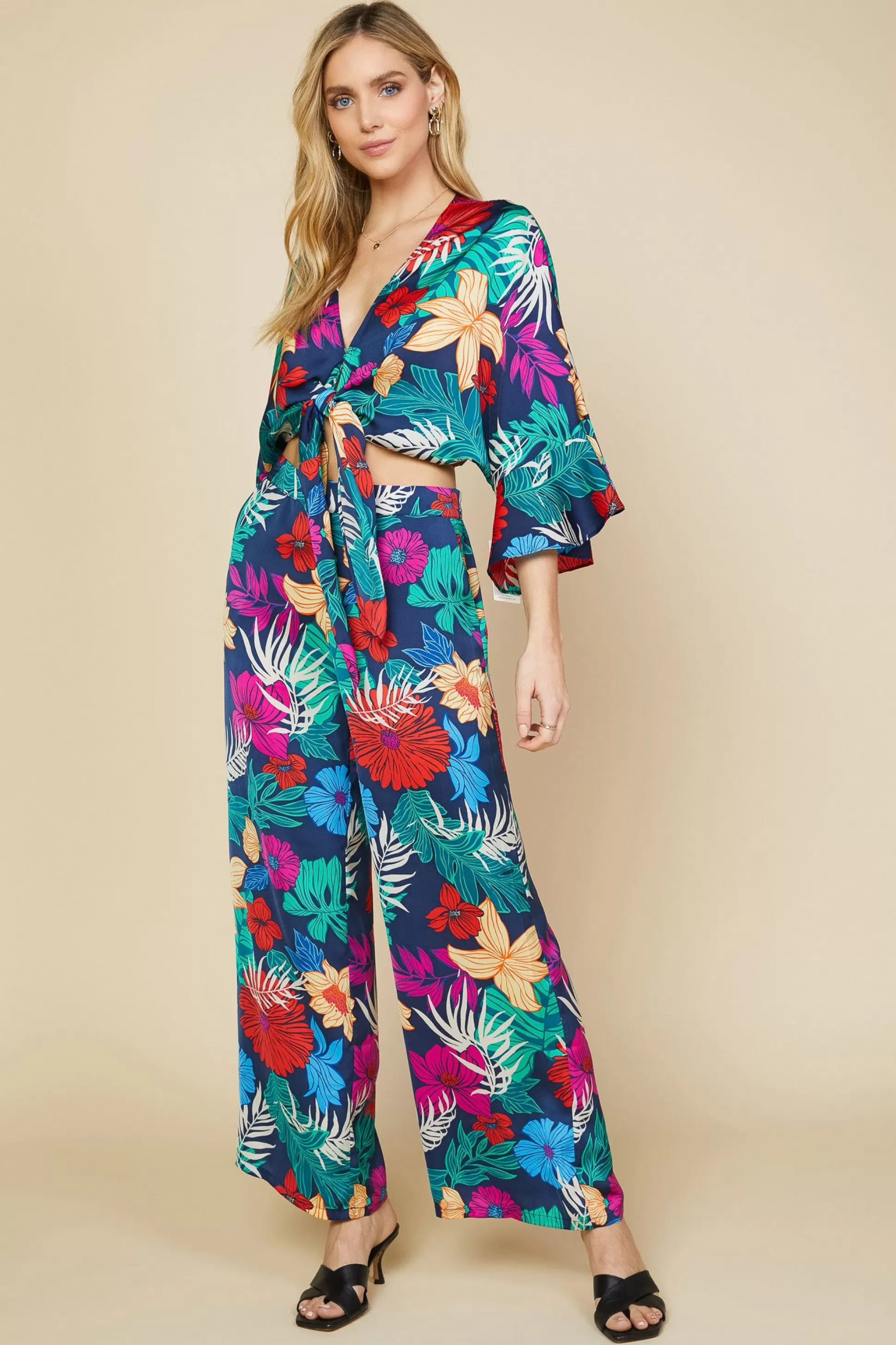 SKIES ARE BLUE Long Sleeve Tops>Tropical Front Tie Kimono Tropicana