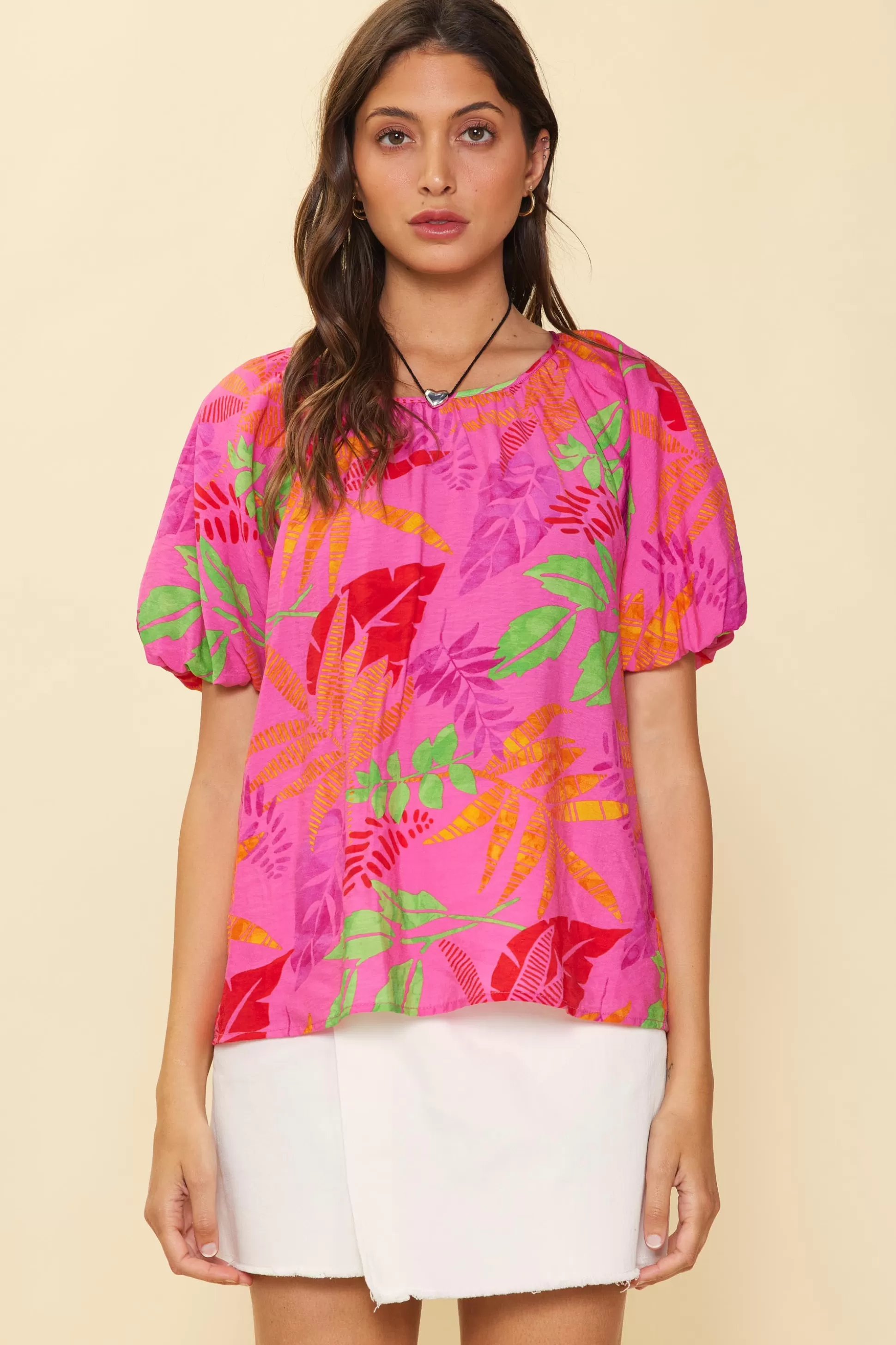 SKIES ARE BLUE Short Sleeve Tops>Tropical Print Bubble Sleeve Top Prettyinpink