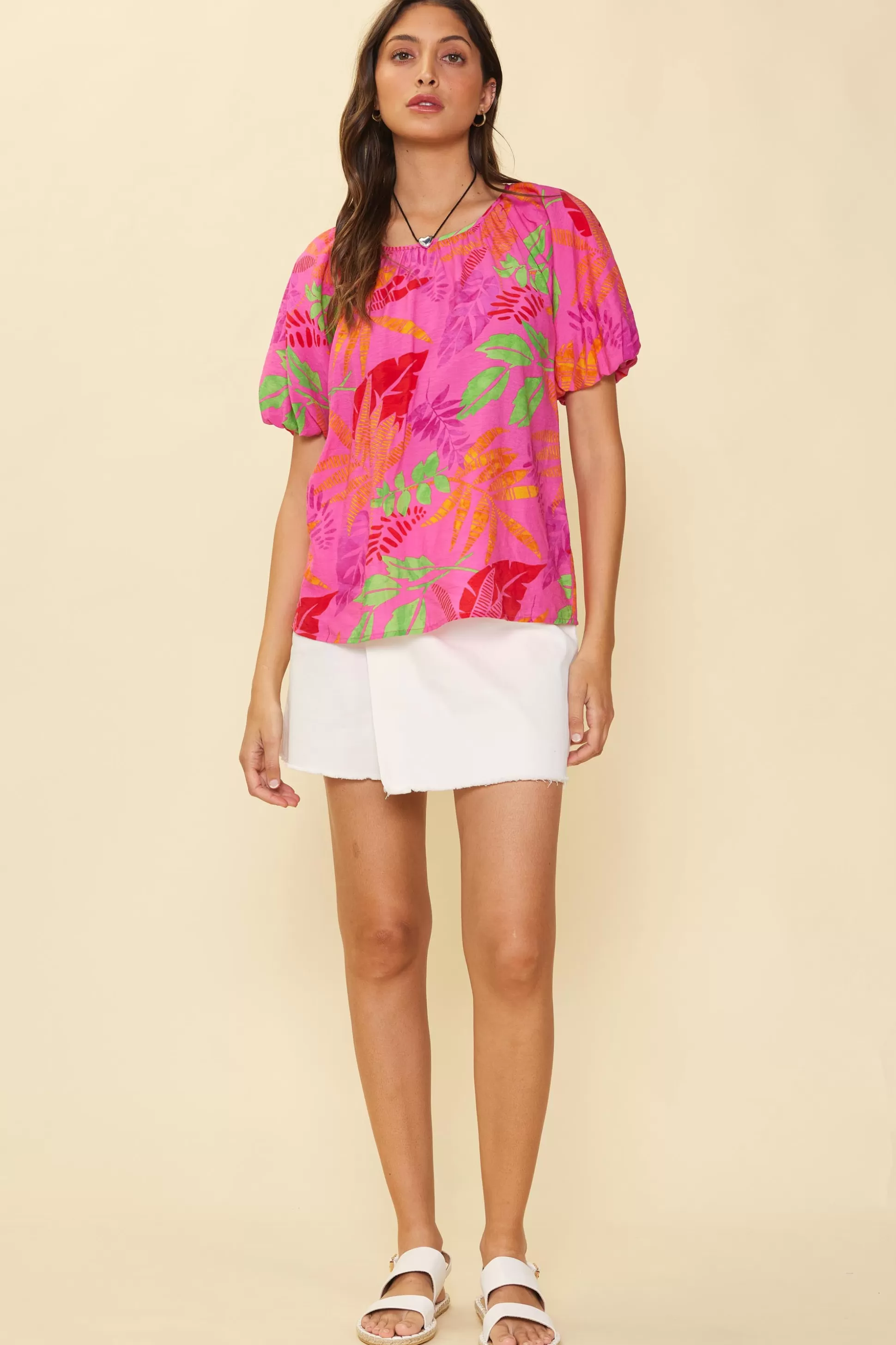 SKIES ARE BLUE Short Sleeve Tops>Tropical Print Bubble Sleeve Top Prettyinpink