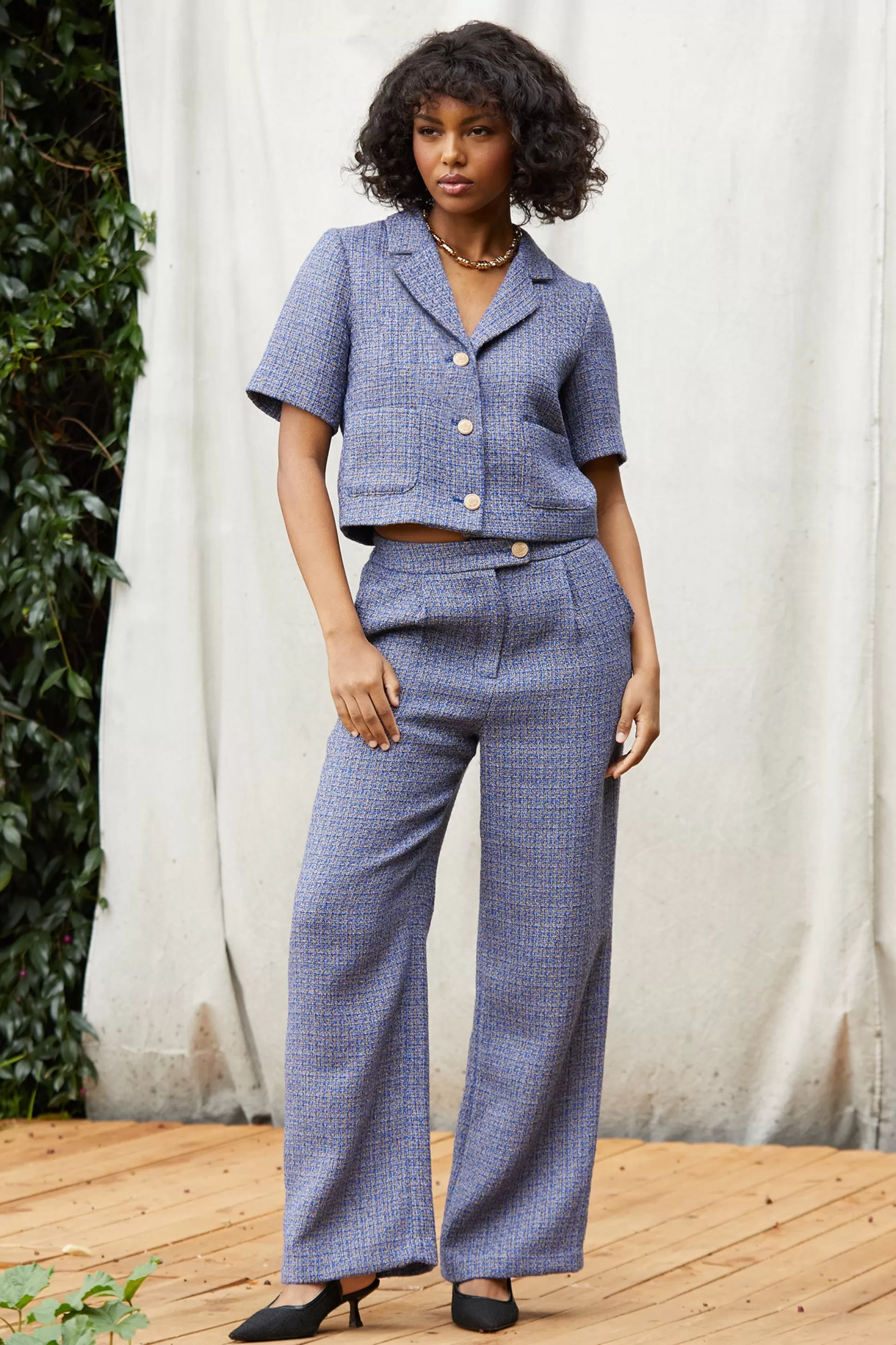 SKIES ARE BLUE Pants>Tweed Wide Leg Pants Blue