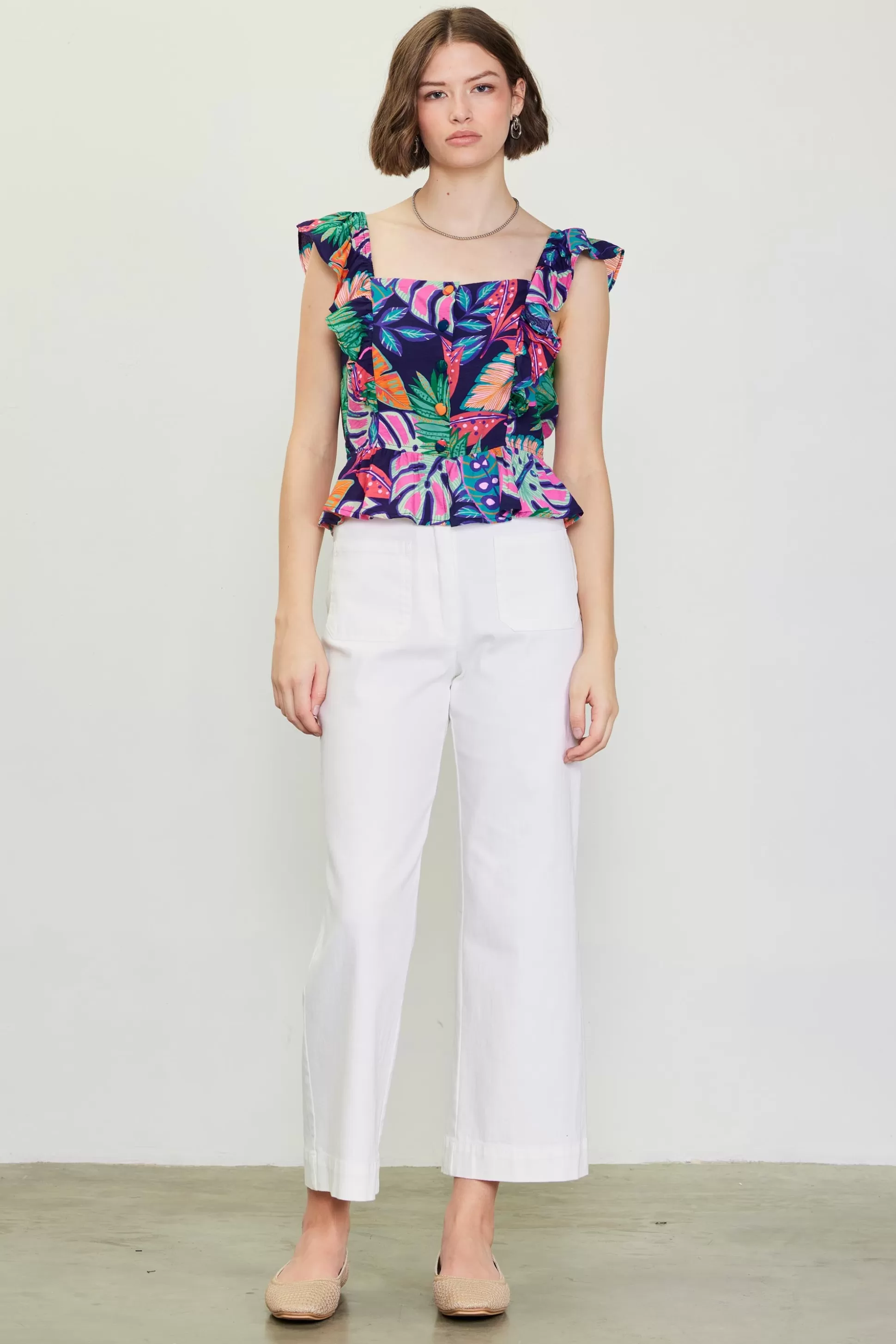 SKIES ARE BLUE Sleeveless Tops>Ula Print Ruffled Sleeve Top Tropical