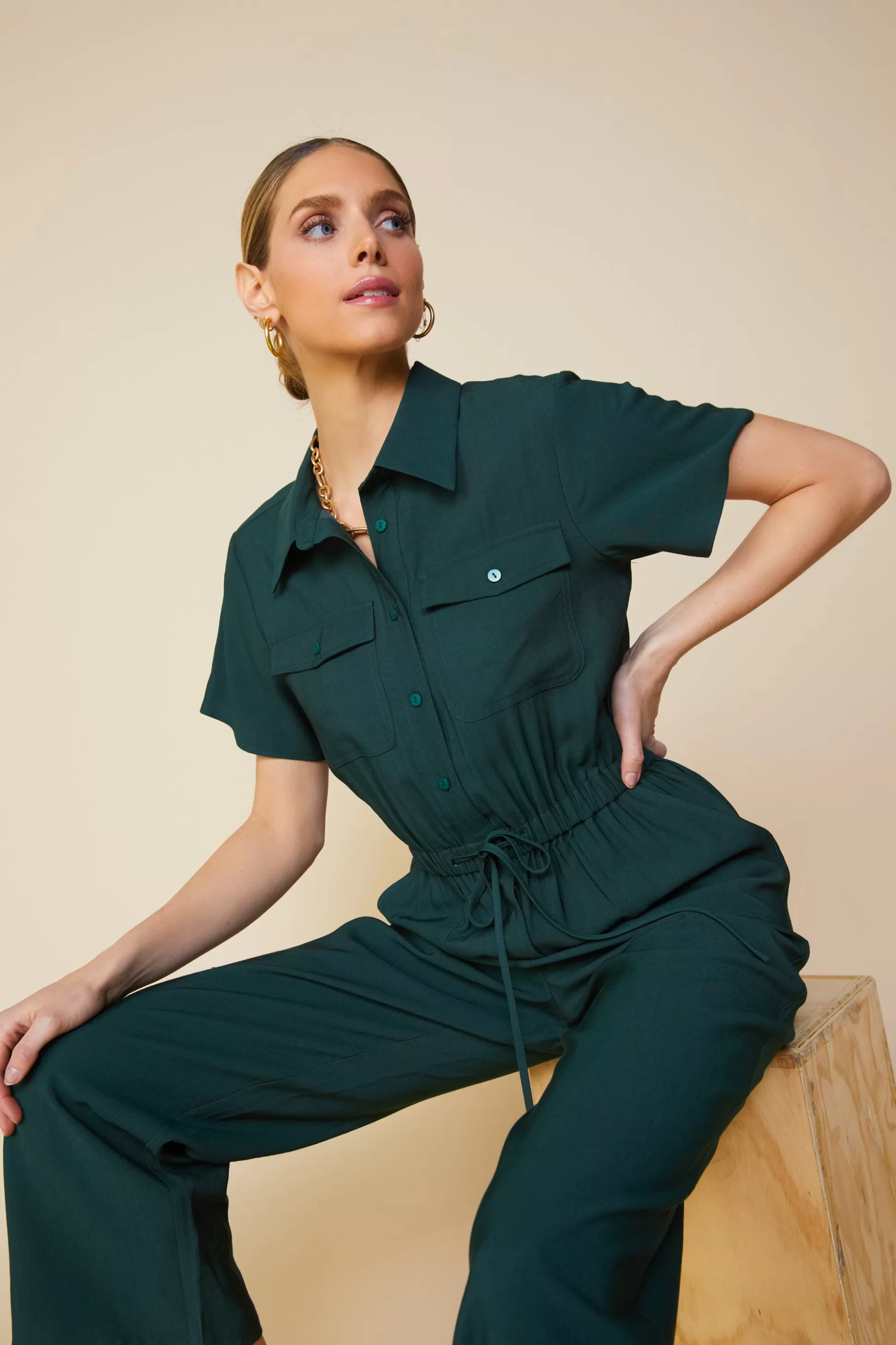 SKIES ARE BLUE Jumpsuits>Utility Short Sleeve Jumpsuit Gemstonegreen