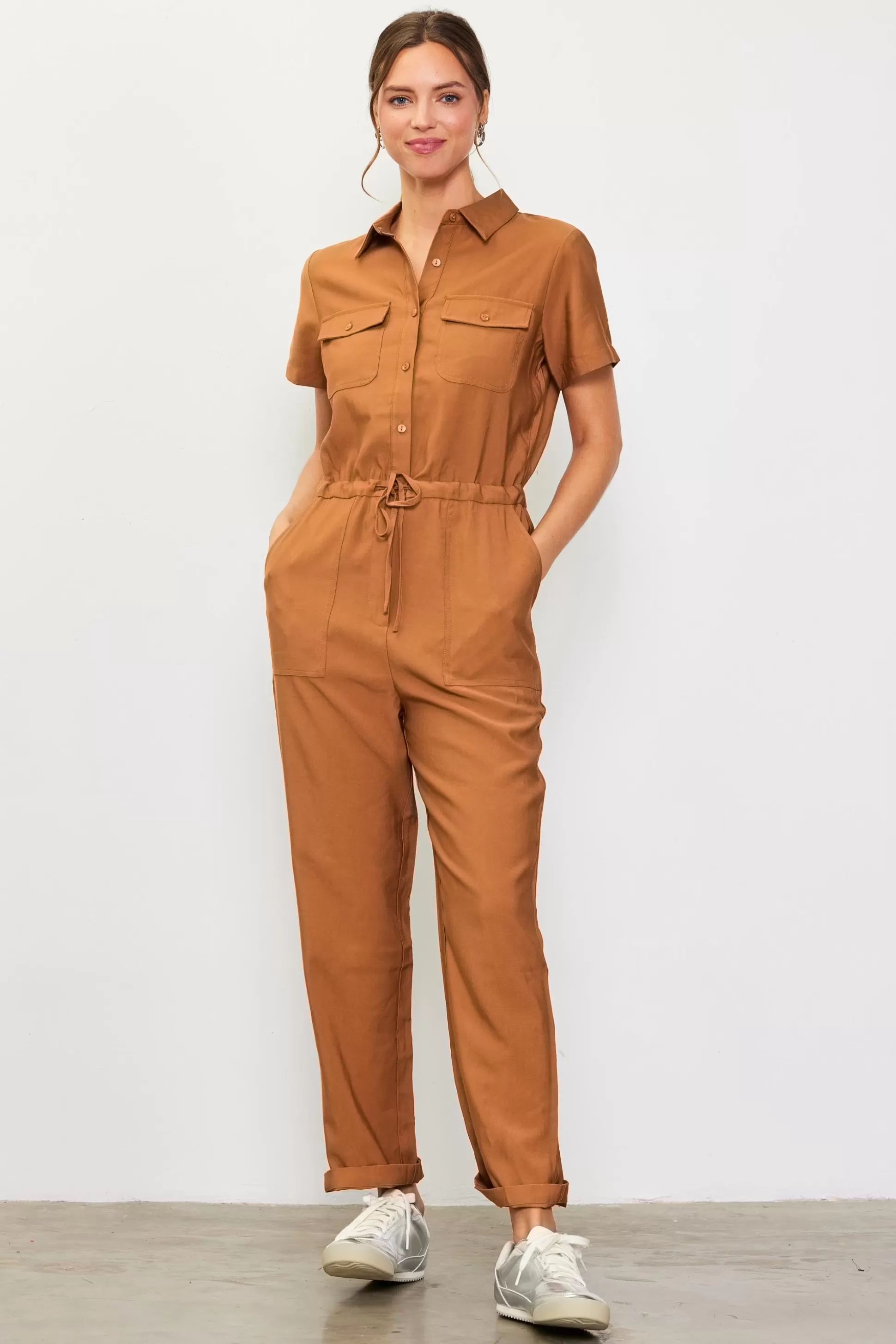 SKIES ARE BLUE Jumpsuits>Utility Short Sleeve Jumpsuit Gingerbrown