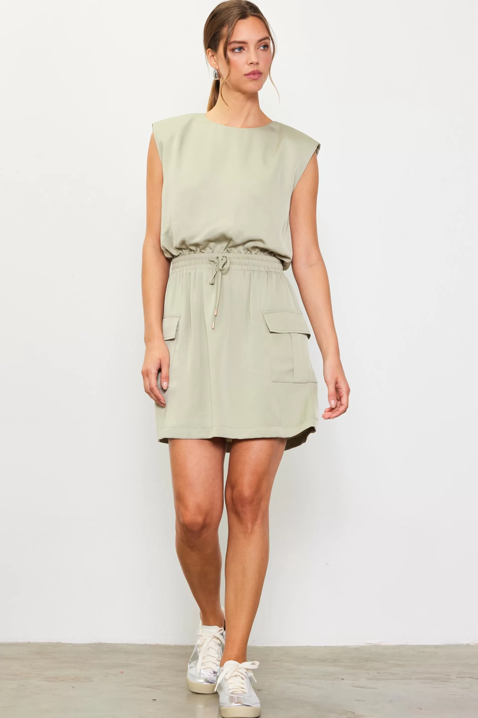 SKIES ARE BLUE Mini Dresses>Utility Sleeveless Mini Dress Sage