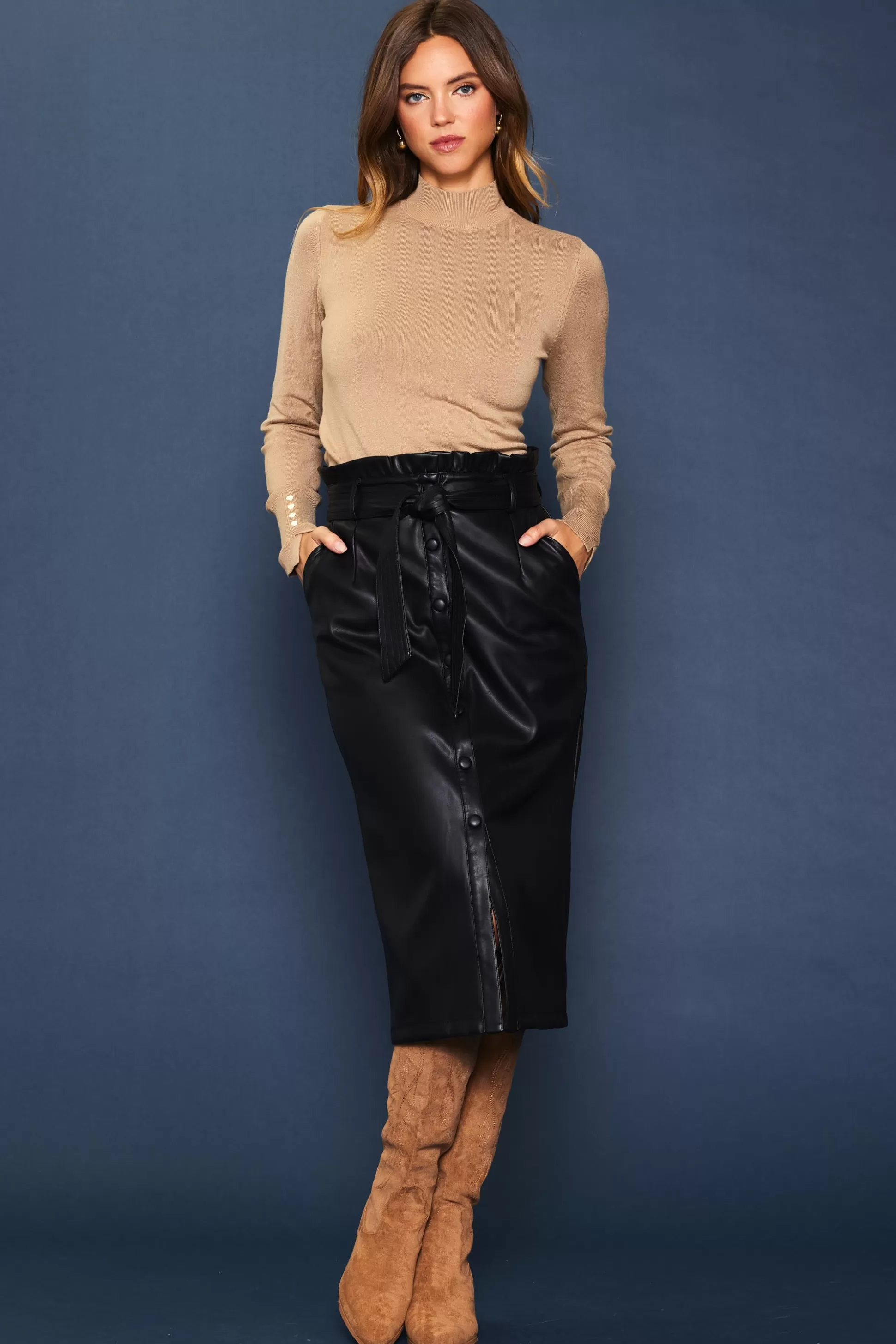 SKIES ARE BLUE Skirts>Vegan Leather Front Tie Midi Skirt Black