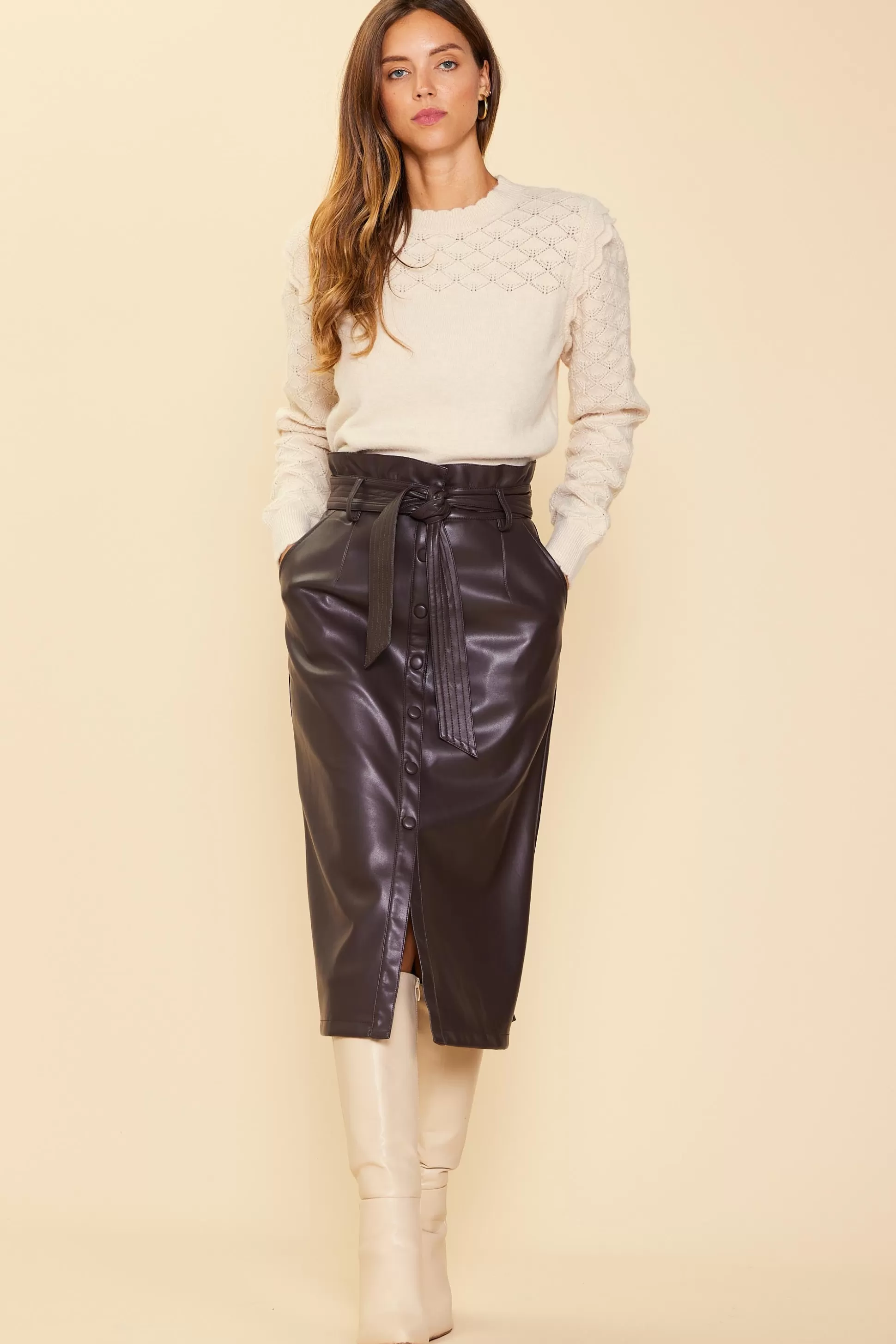 SKIES ARE BLUE Skirts>Vegan Leather Front Tie Midi Skirt Espresso