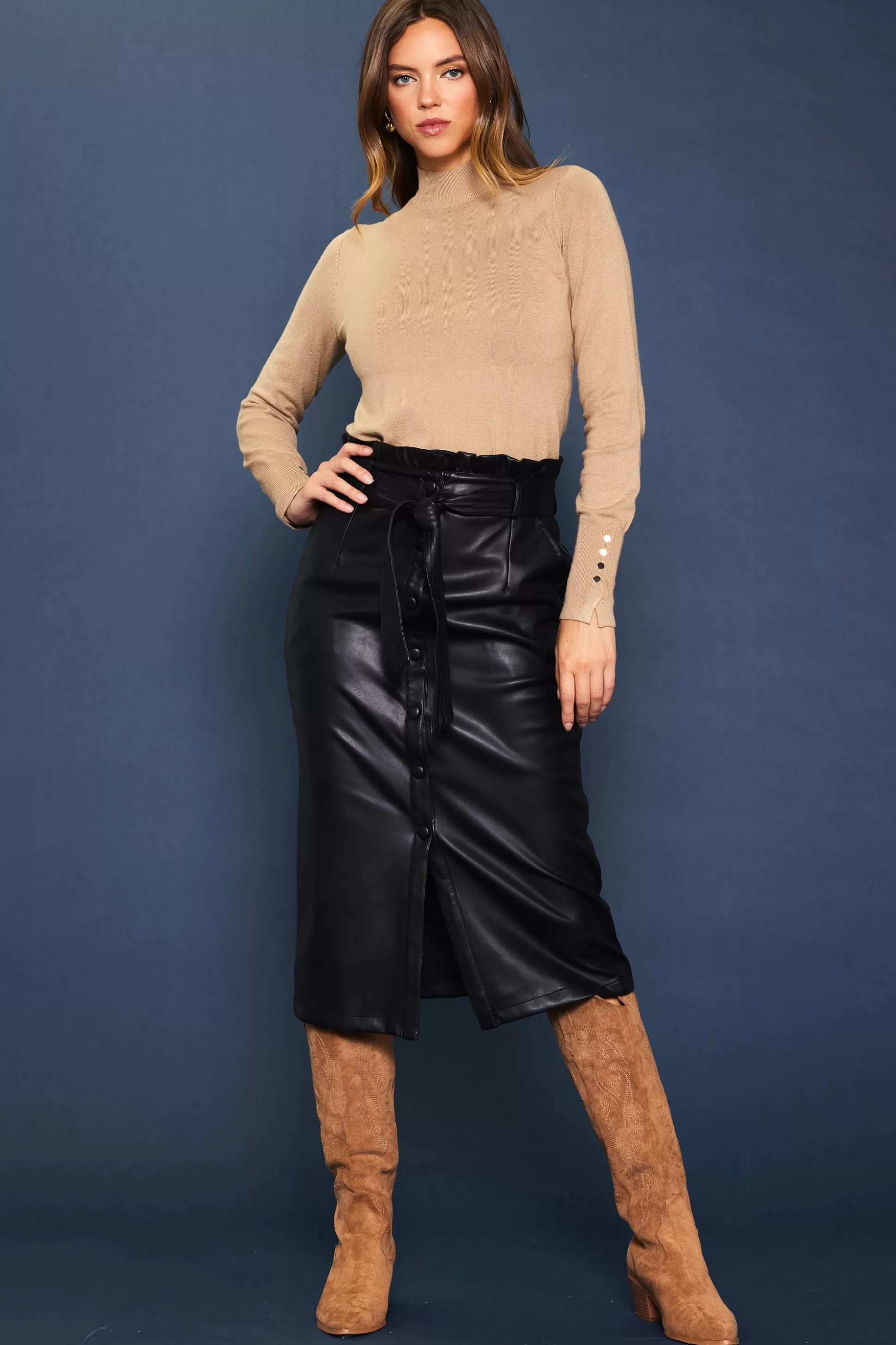 SKIES ARE BLUE Skirts>Vegan Leather Front Tie Midi Skirt Black