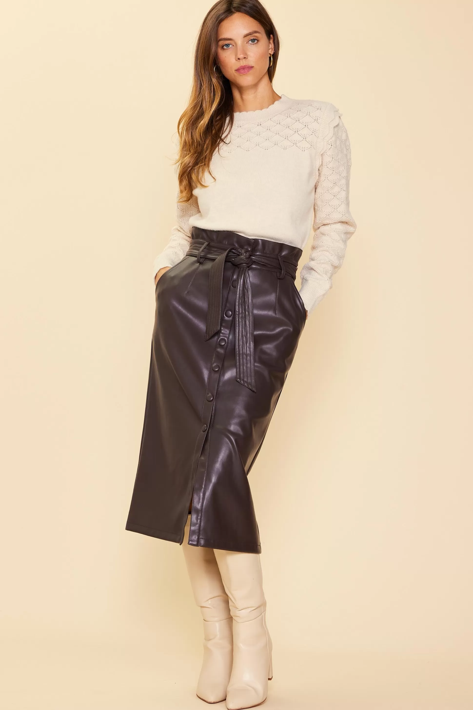 SKIES ARE BLUE Skirts>Vegan Leather Front Tie Midi Skirt Espresso