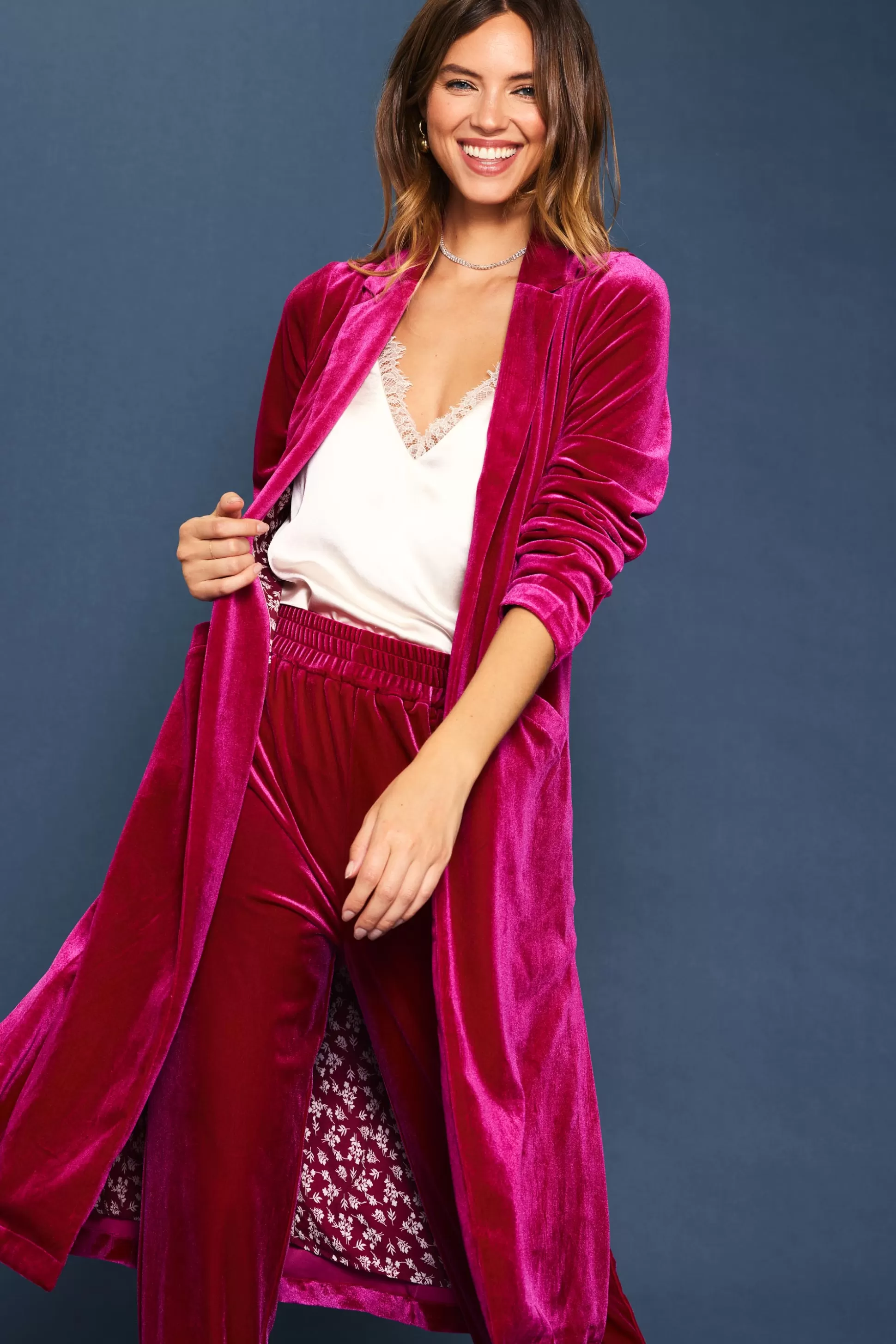 SKIES ARE BLUE Outerwear>Velvet Duster Coat Magenta