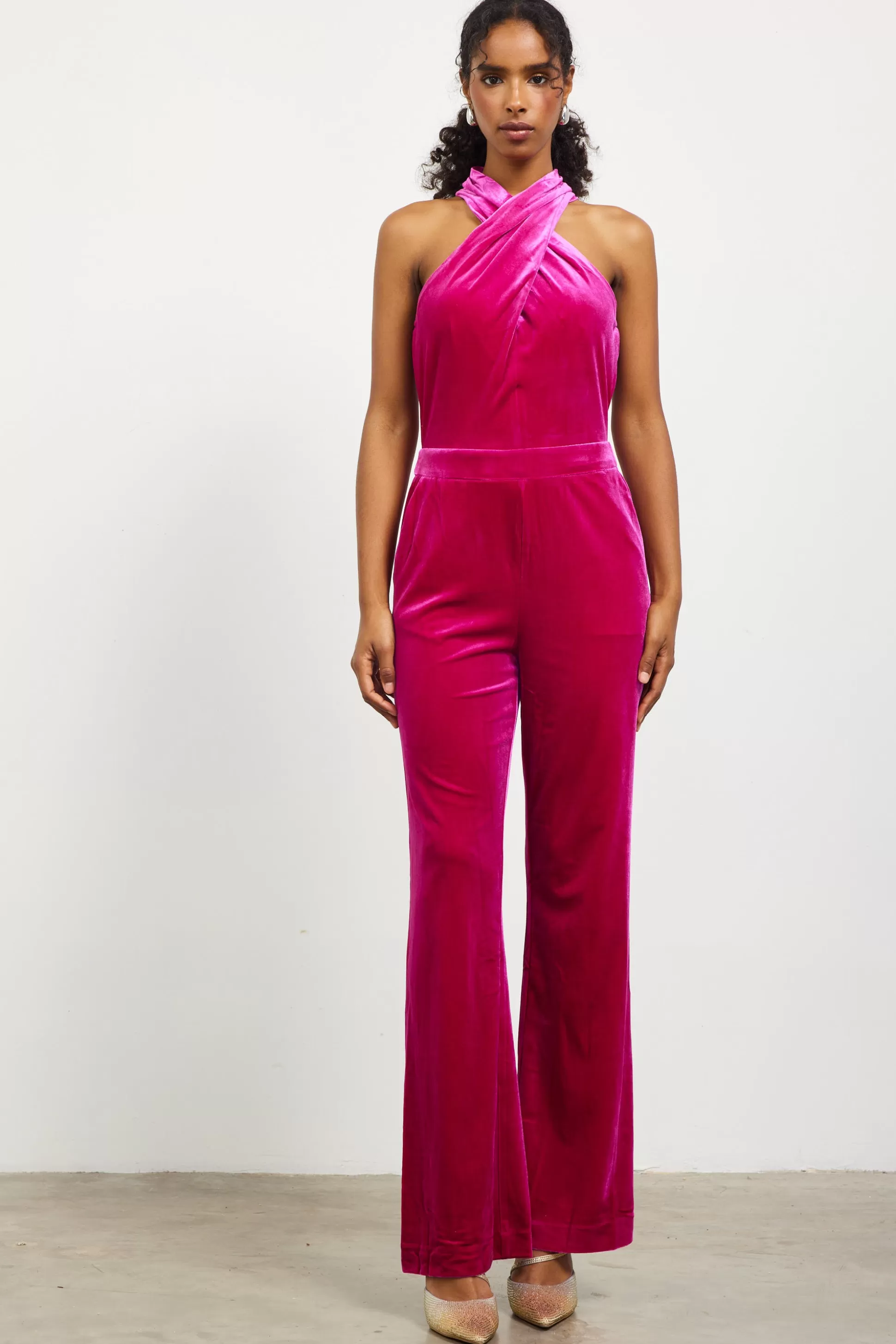 SKIES ARE BLUE Jumpsuits>Velvet Halter Neck Jumpsuit Magenta