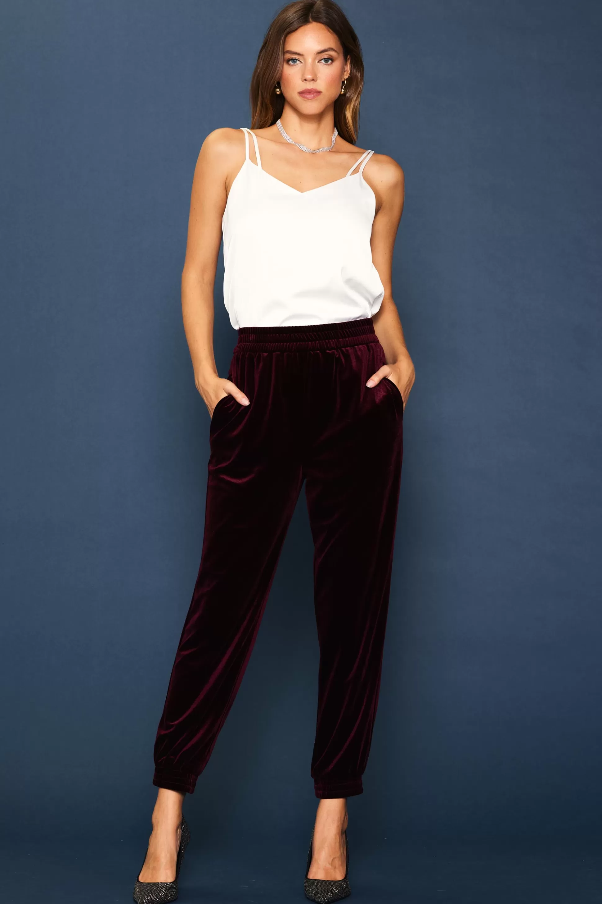 SKIES ARE BLUE Pants>Velvet Jogger Pants Burgundy