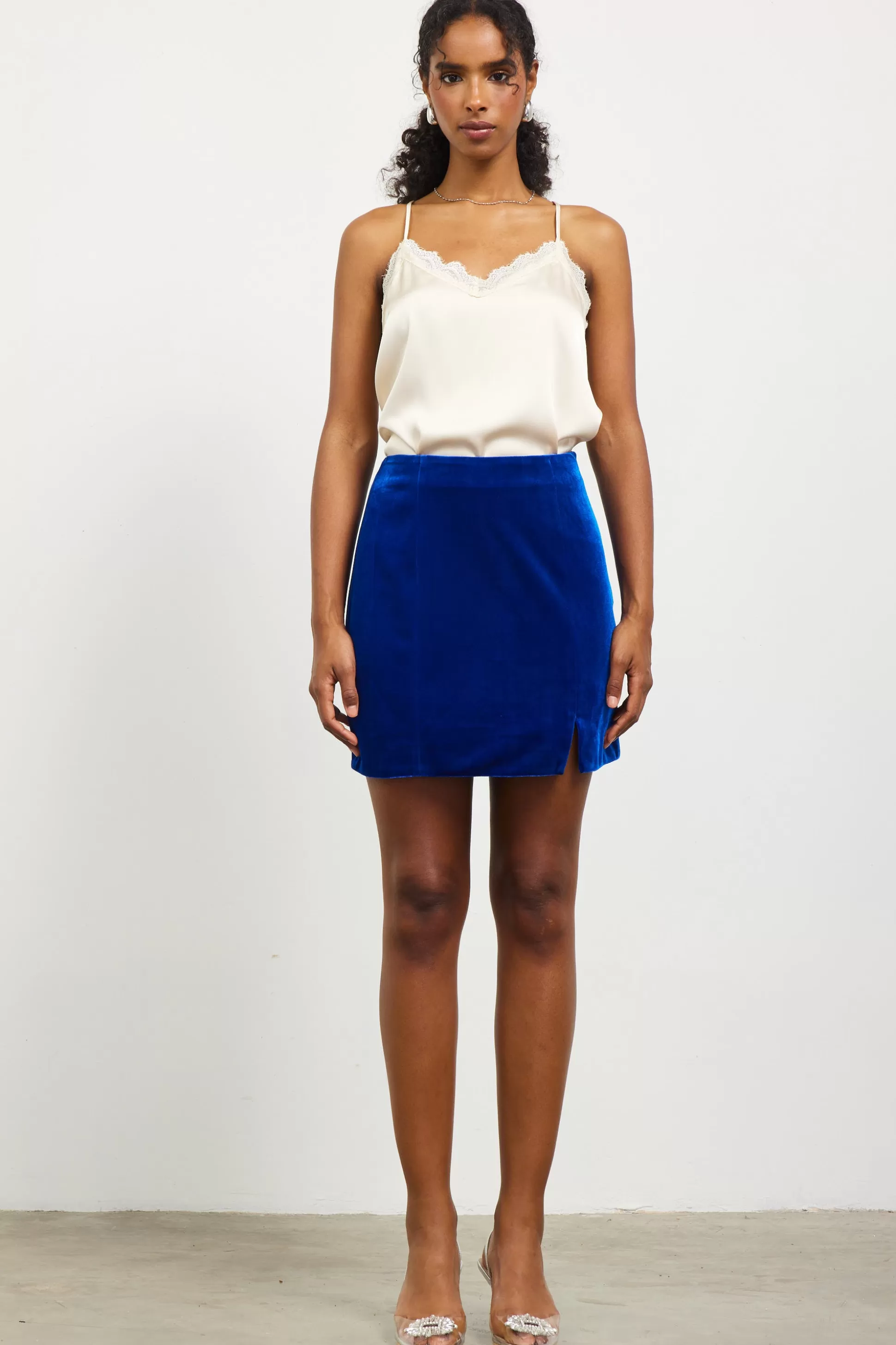 SKIES ARE BLUE Skirts>Velvet Side Slit Mini Skirt Oceanblue