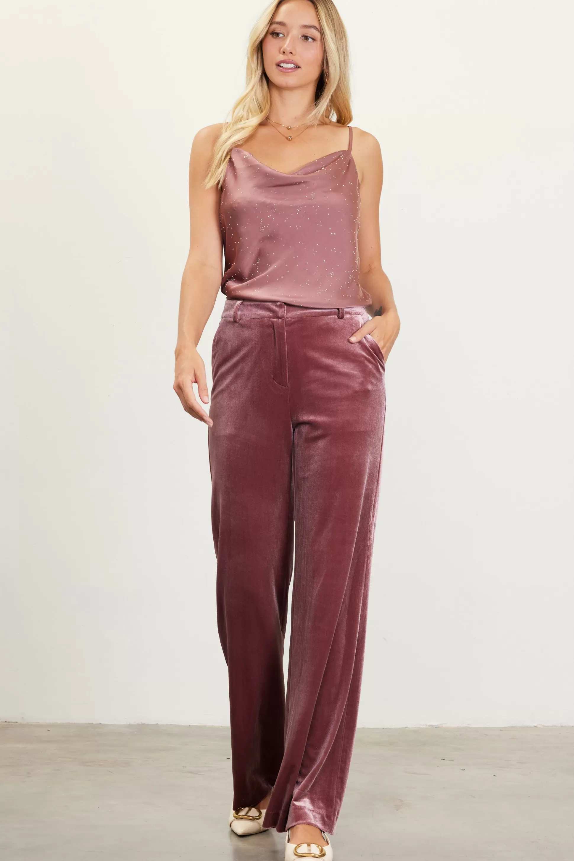 SKIES ARE BLUE Pants>Velvet Wide Leg Pants Mauve