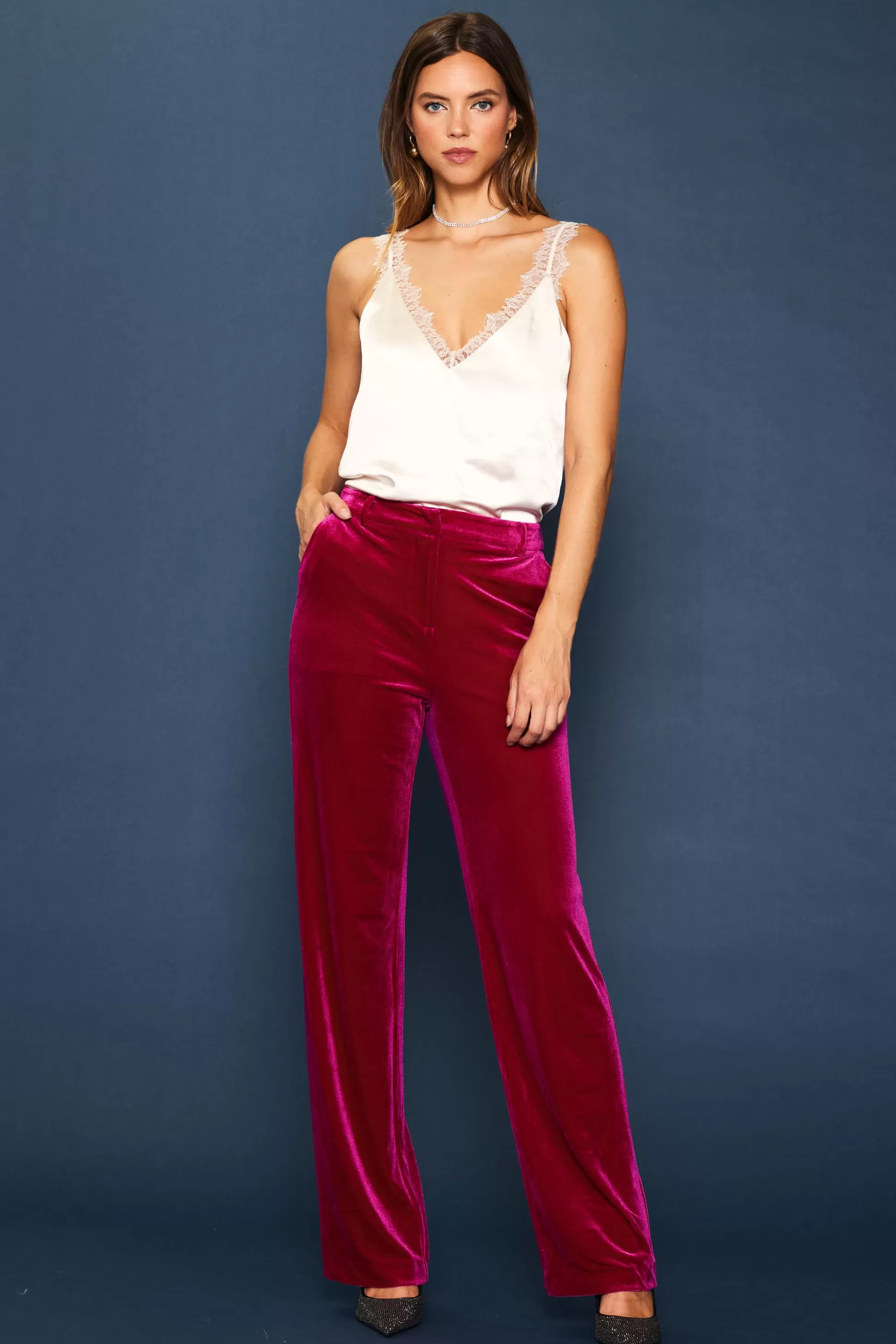 SKIES ARE BLUE Pants>Velvet Wide Leg Pants Magenta