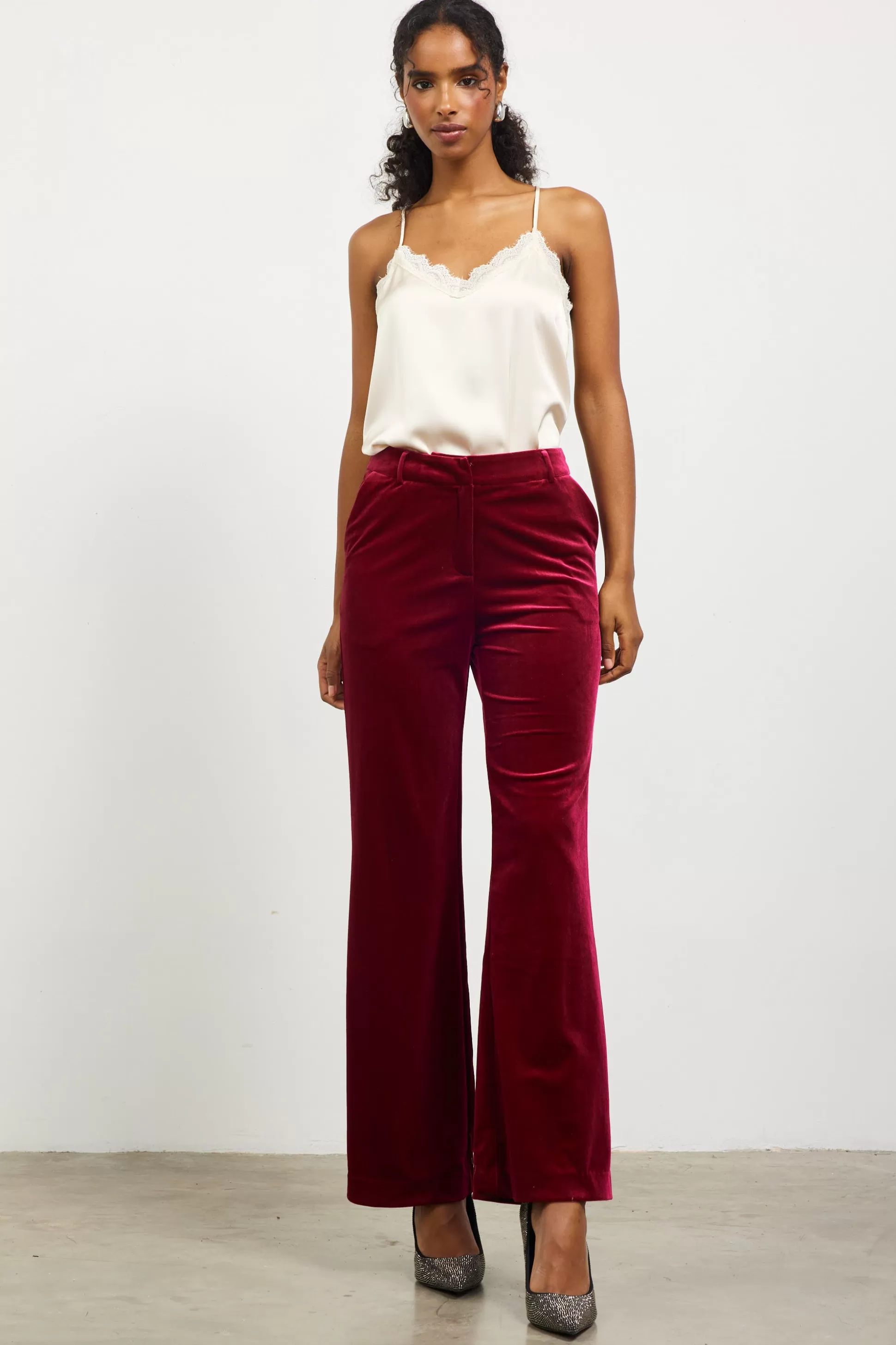 SKIES ARE BLUE Pants>Velvet Wide Leg Pants Deepcherry